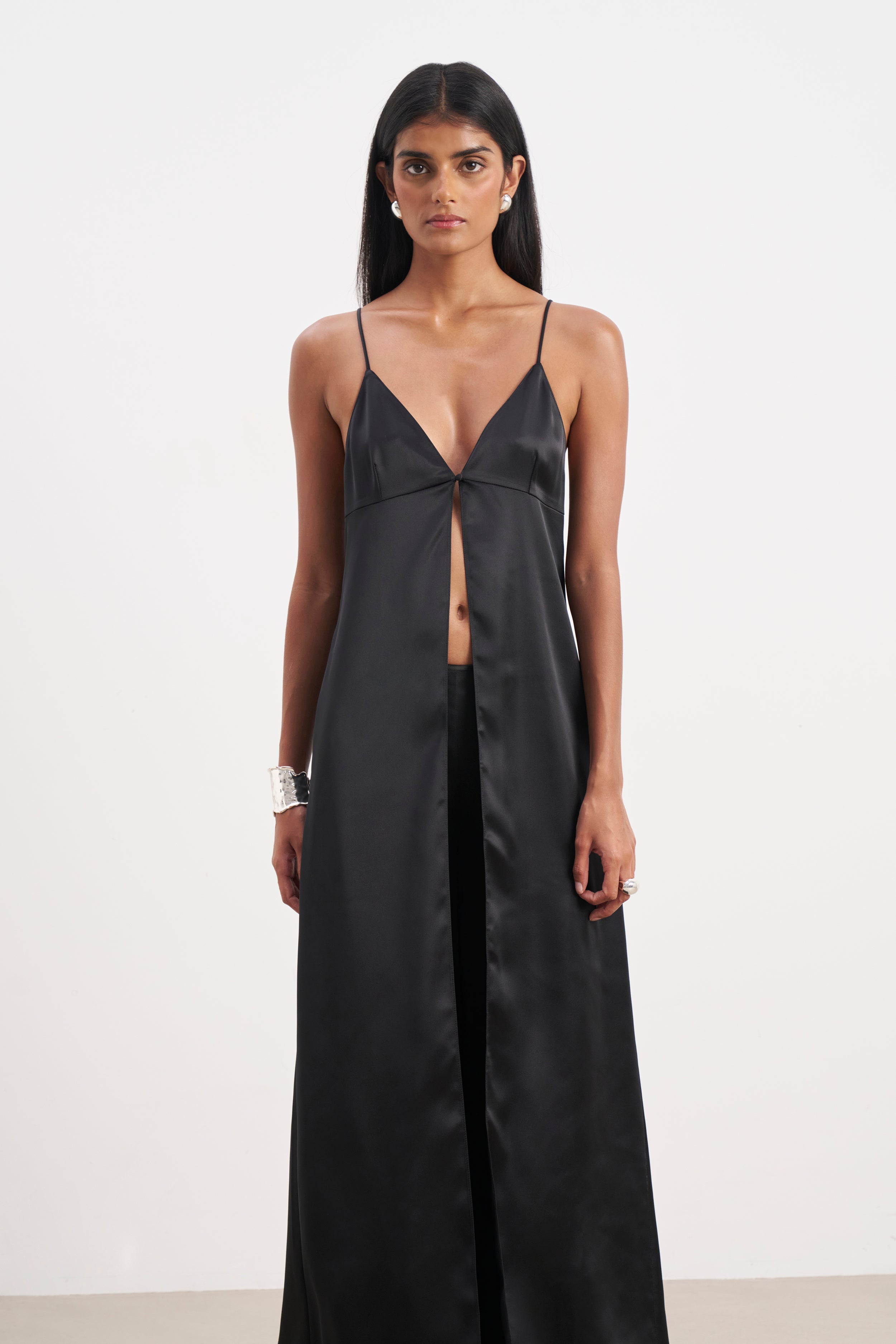 Satin V Neck Longline Camisole - Black | BOA US