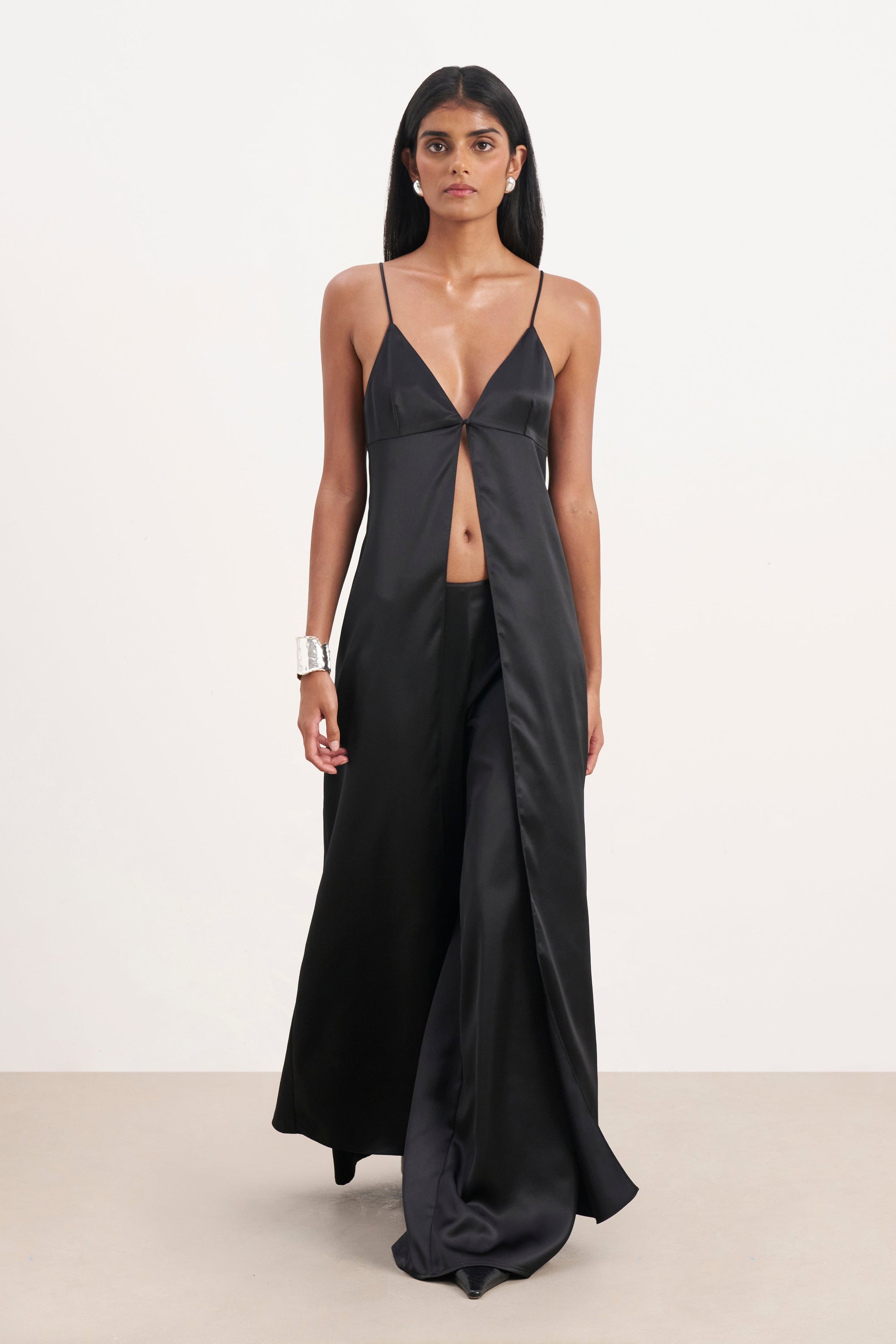 Satin V Neck Longline Camisole - Black