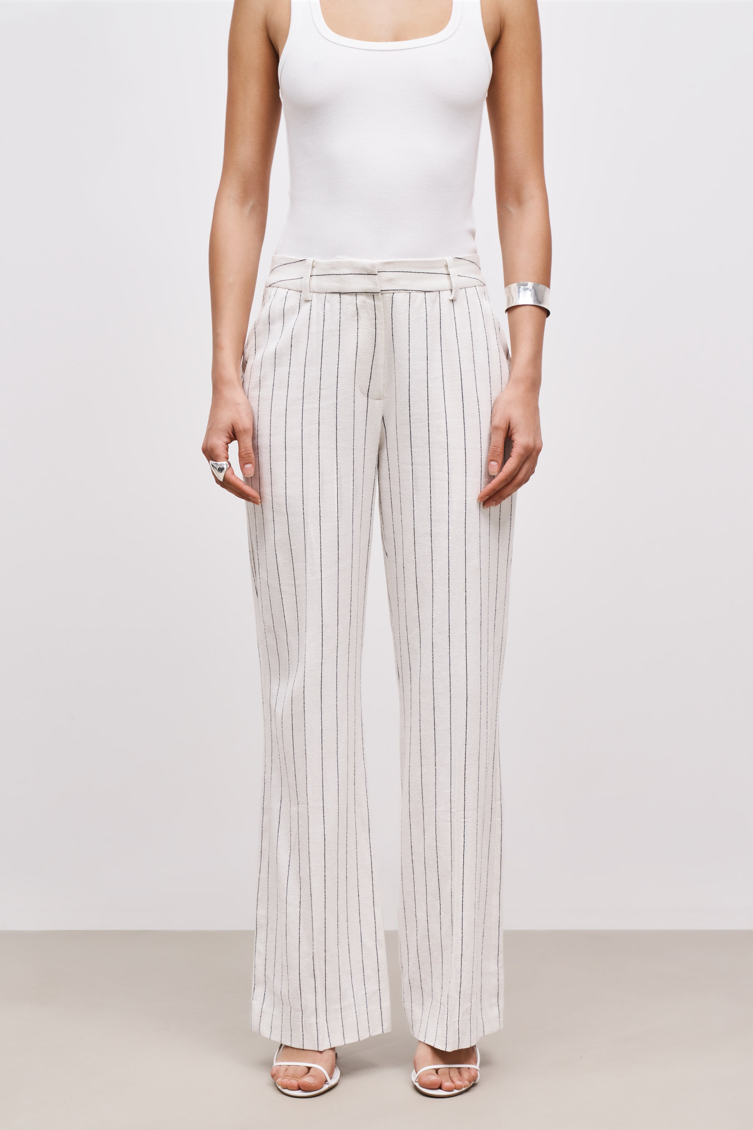 Tailored Linen Trousers - Cream/Black