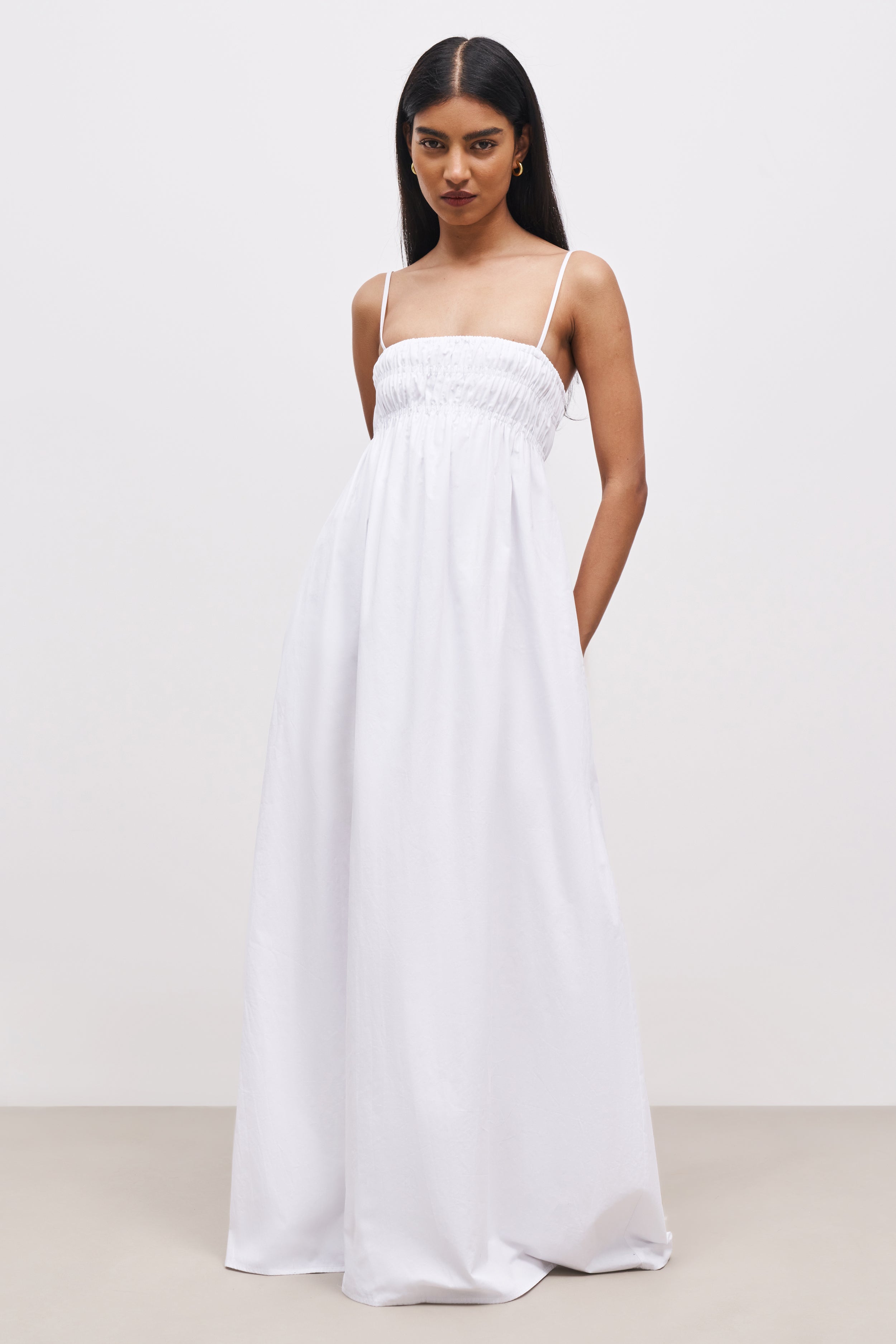 Ruched Cotton Maxi Dress - White