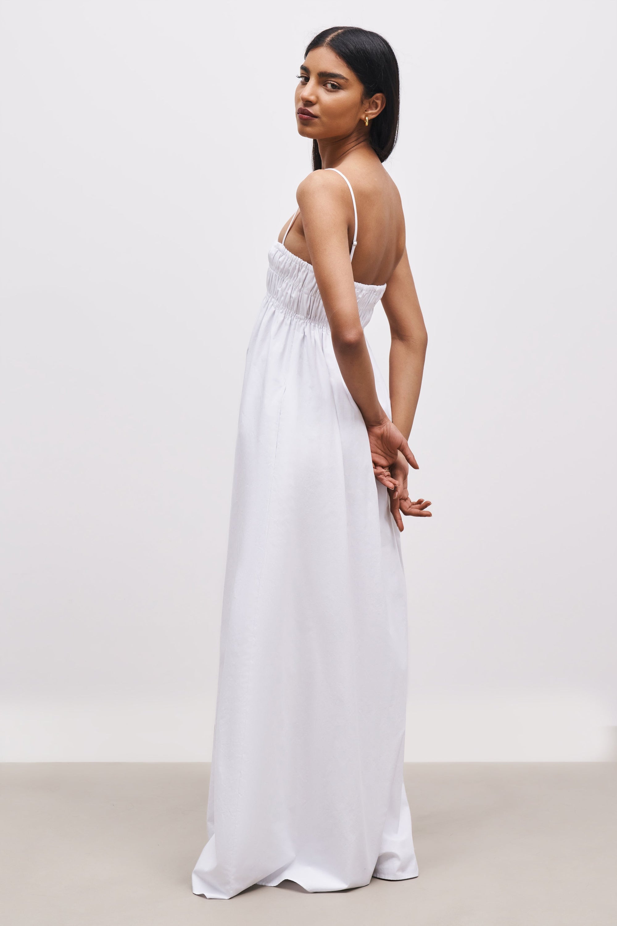 Ruched Cotton Maxi Dress - White