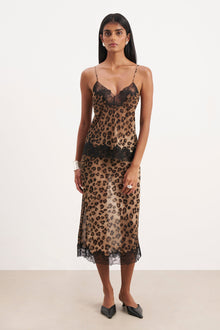 Chiffon Lace Detail Midi Skirt - Leopard Print