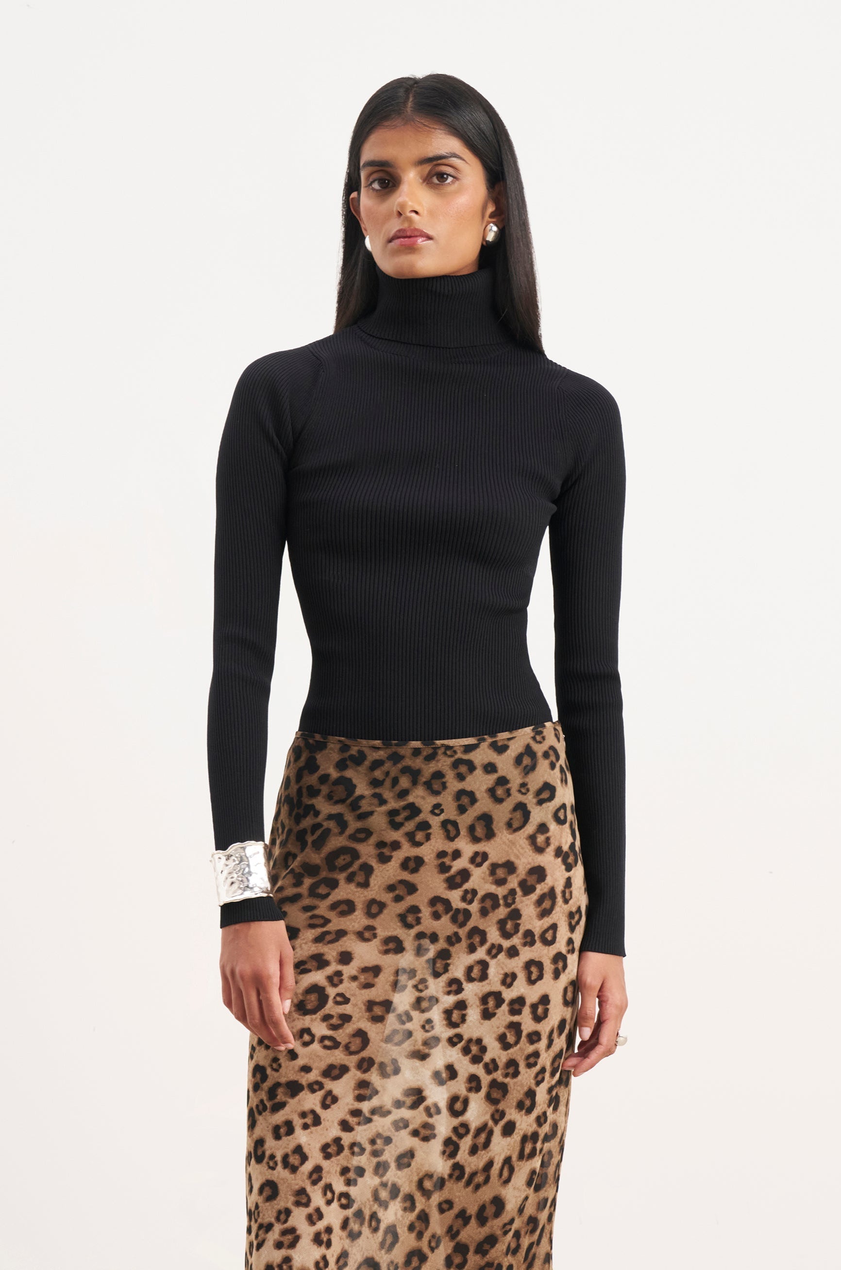Ribbed Knit Turtleneck Jumper  - Black