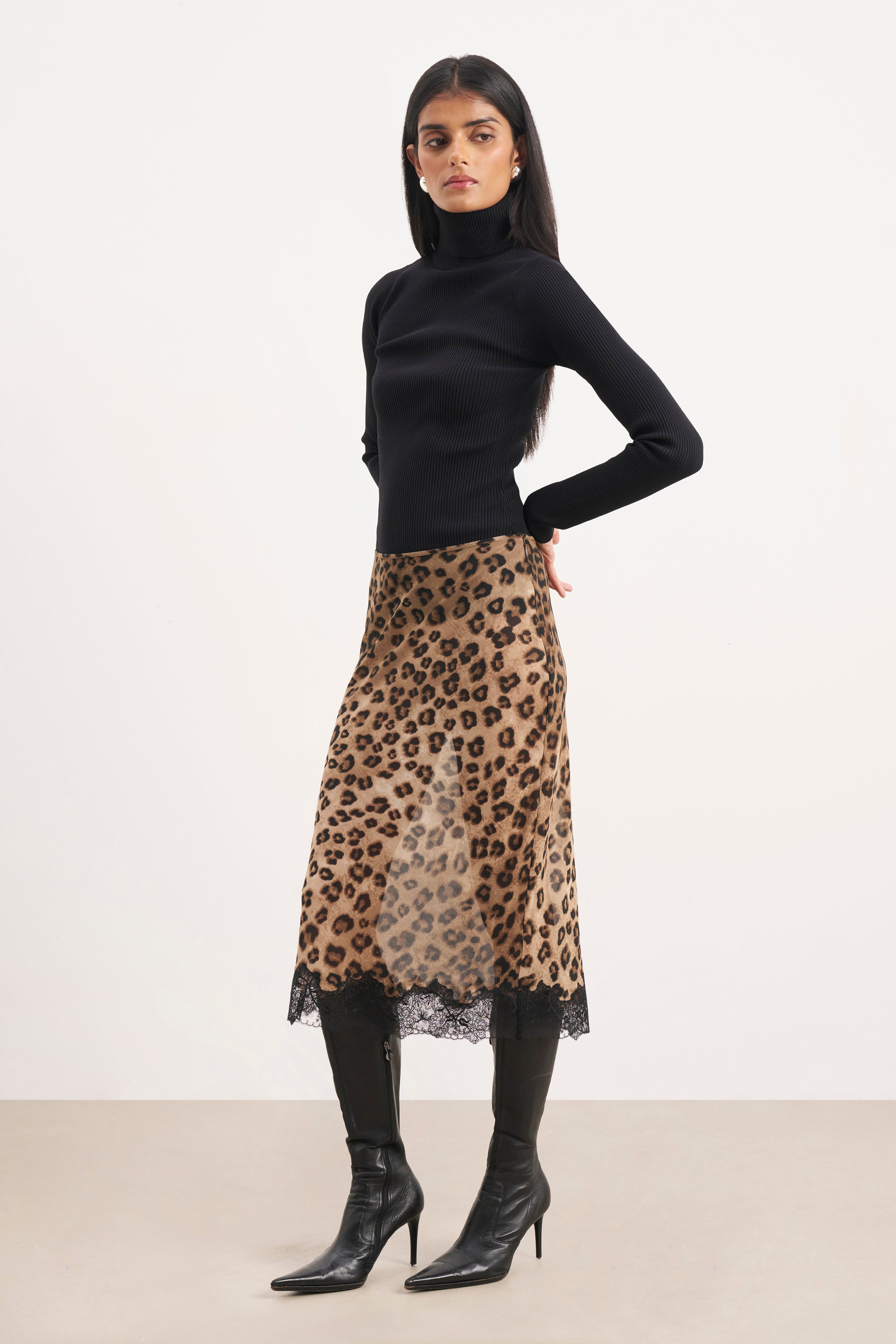 Chiffon Lace Detail Midi Skirt - Leopard Print