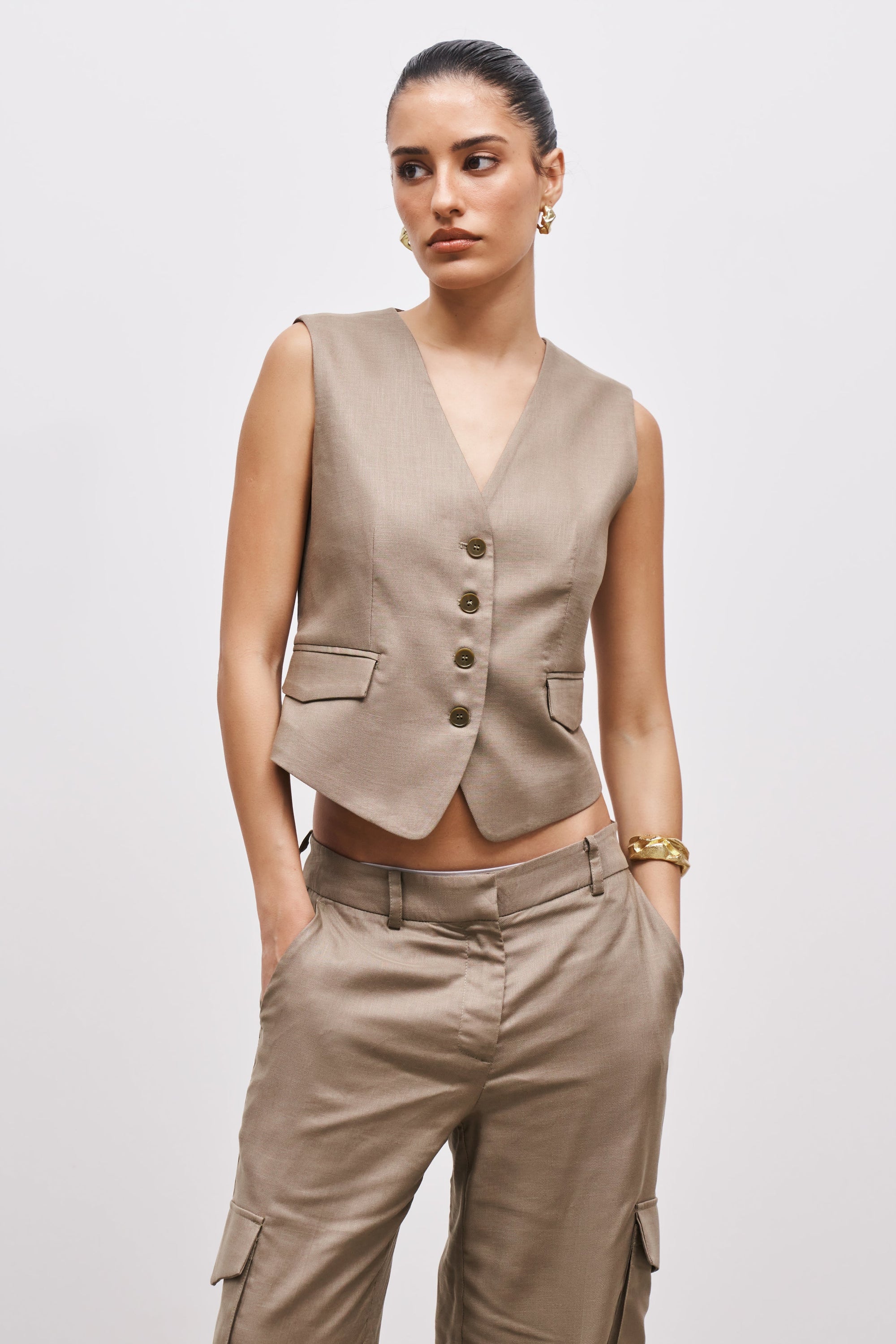 Straight Cut Waistcoat - Khaki