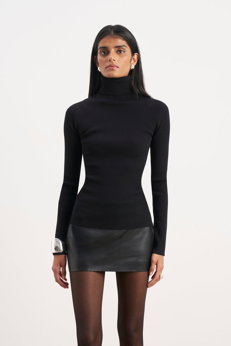 Ribbed Knit Turtleneck Jumper  - Black