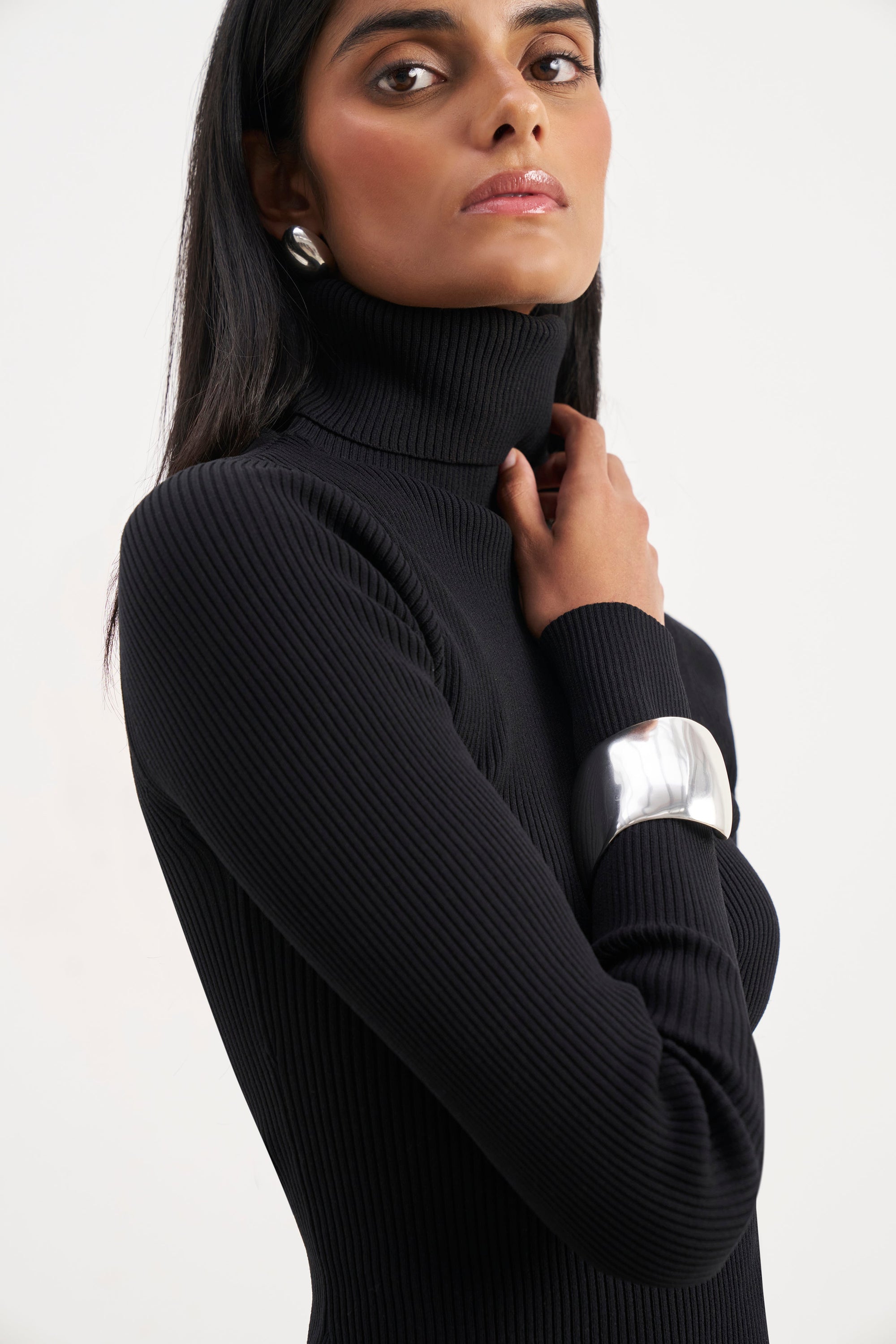 Ribbed Knit Turtleneck Jumper  - Black