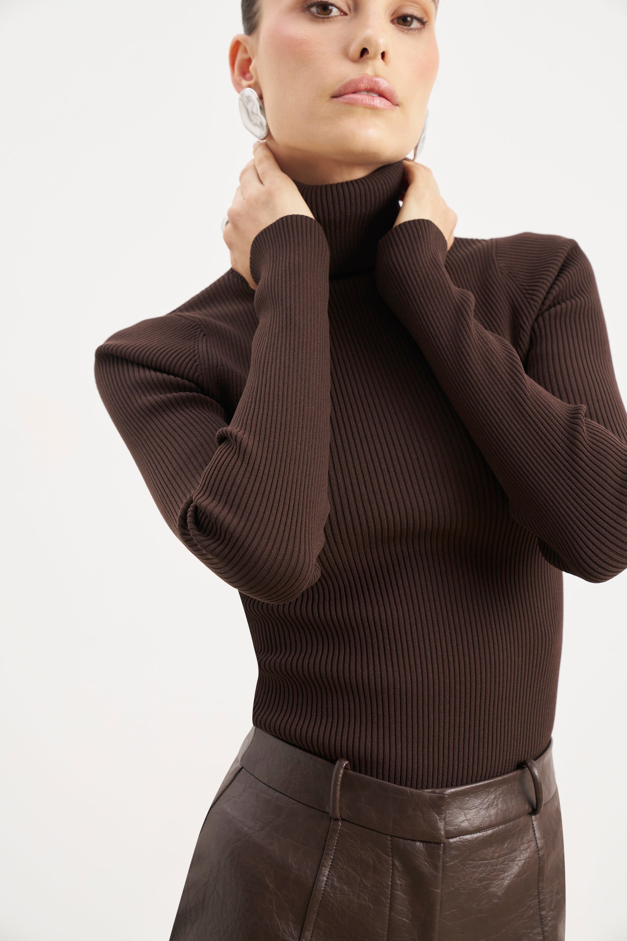 Ribbed Knit Turtleneck Jumper  - Carob