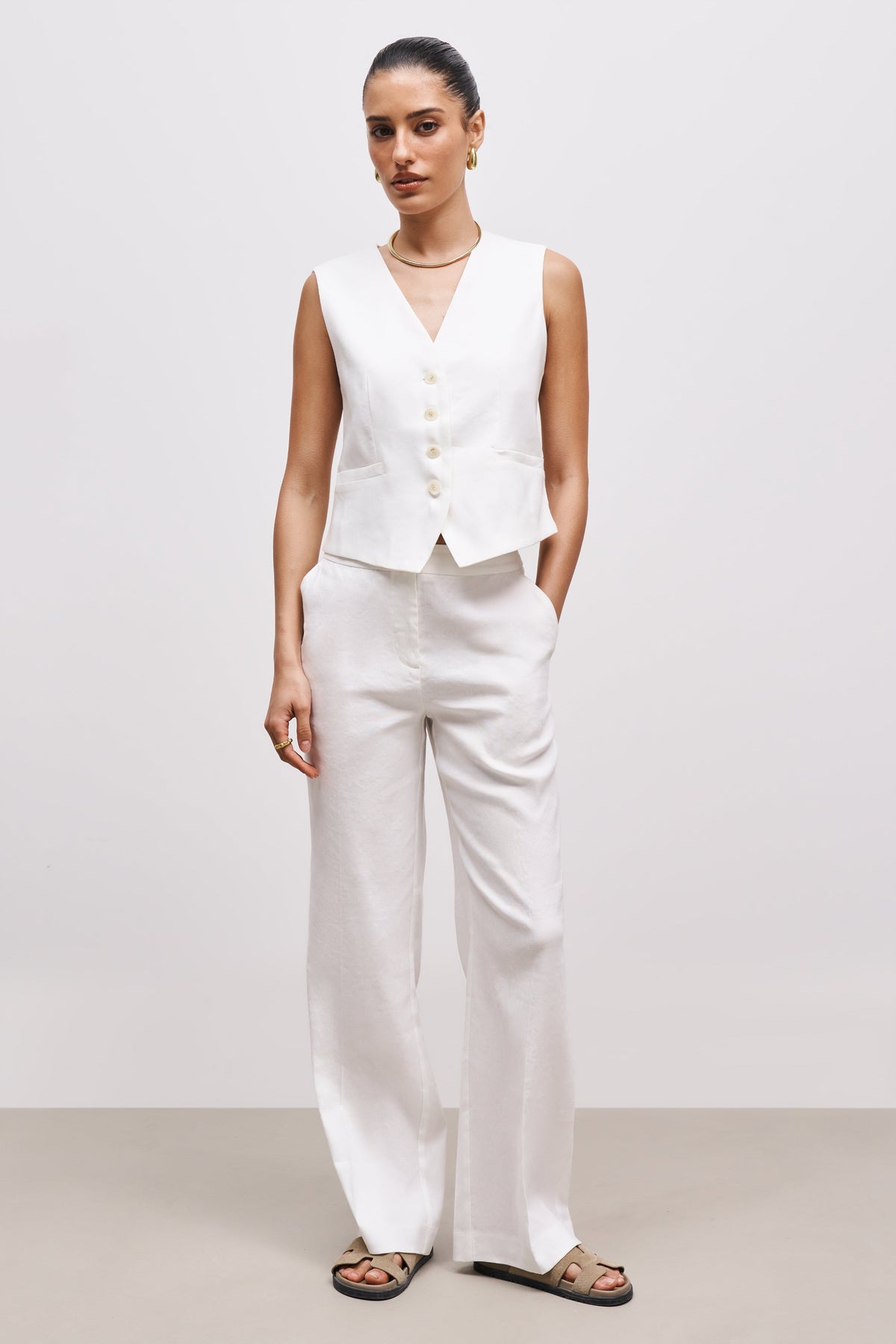 Straight Cut Linen Waistcoat - White