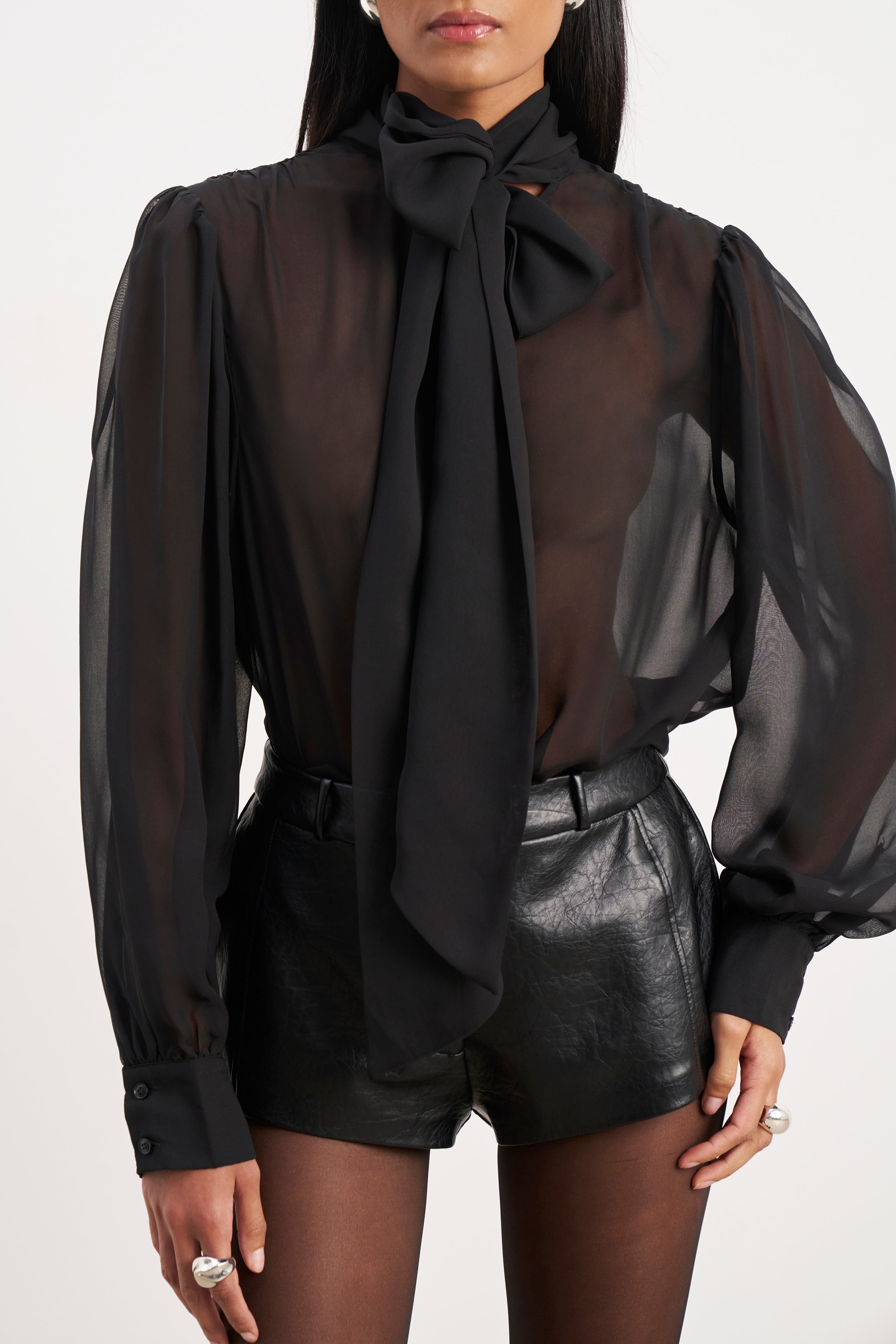Sheer Chiffon Tie Neck Blouse - Black | BOA US