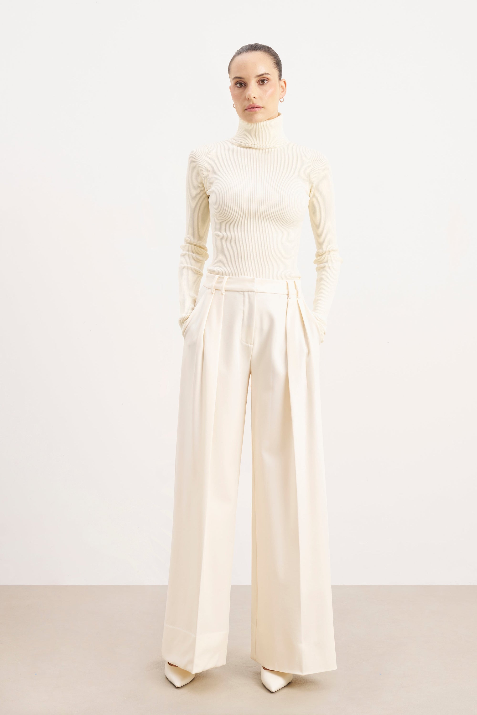 Ribbed Knit Turtleneck Jumper  - Cream