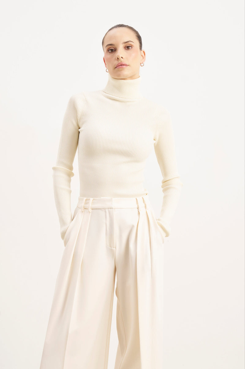 Ribbed Knit Turtleneck Jumper  - Cream