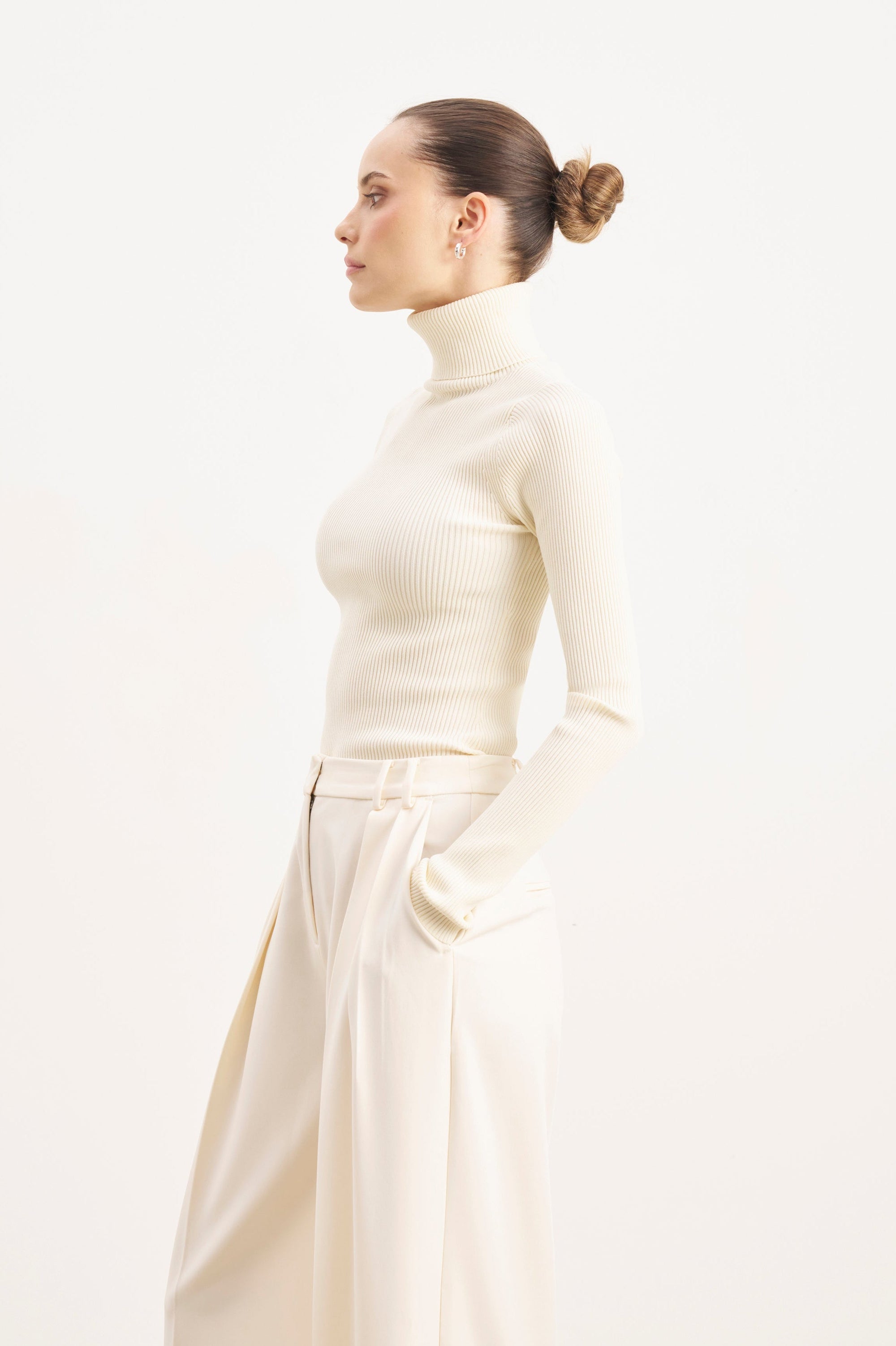Ribbed Knit Turtleneck Jumper  - Cream