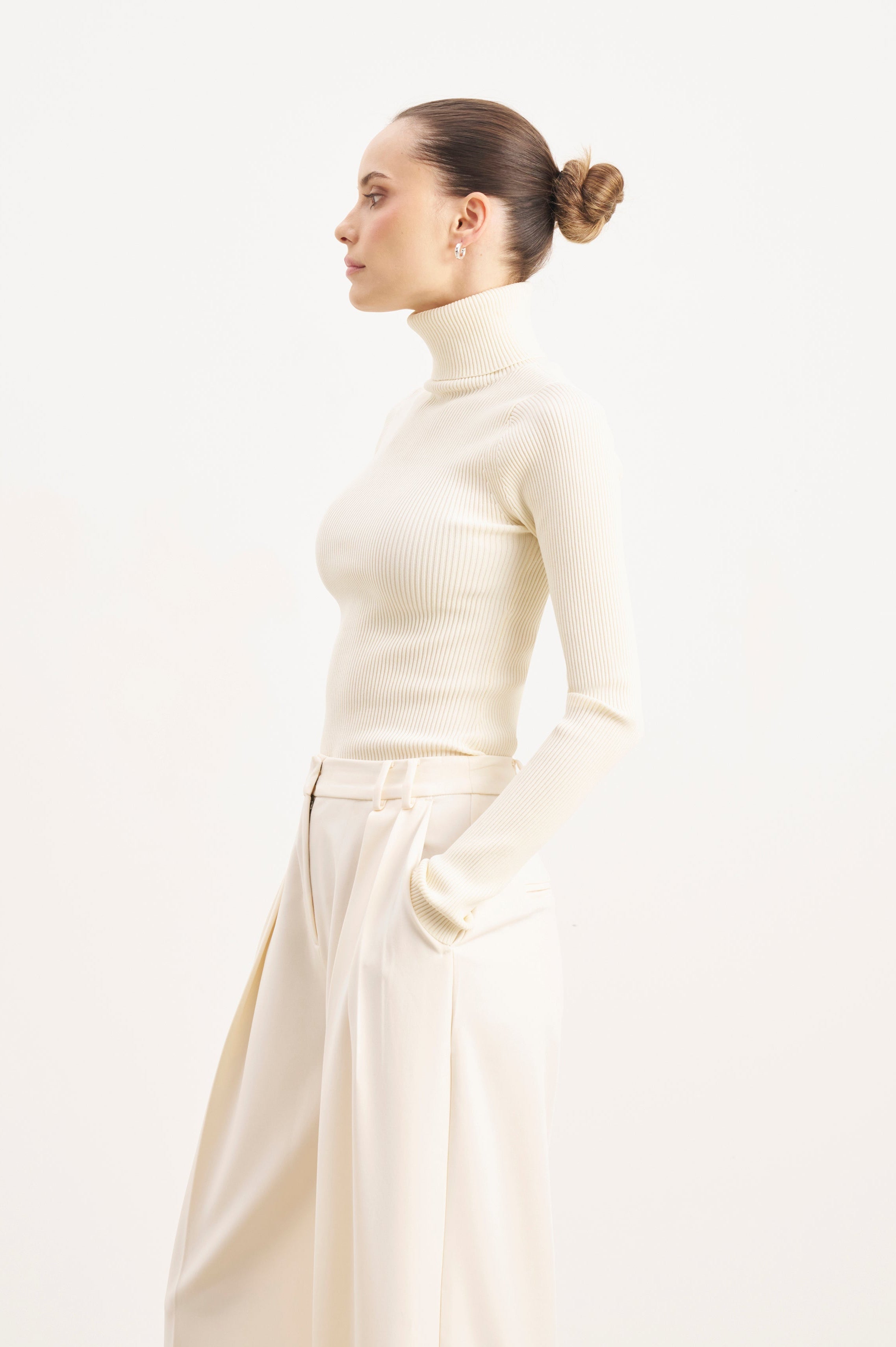 Ribbed Knit Turtleneck Jumper  - Cream