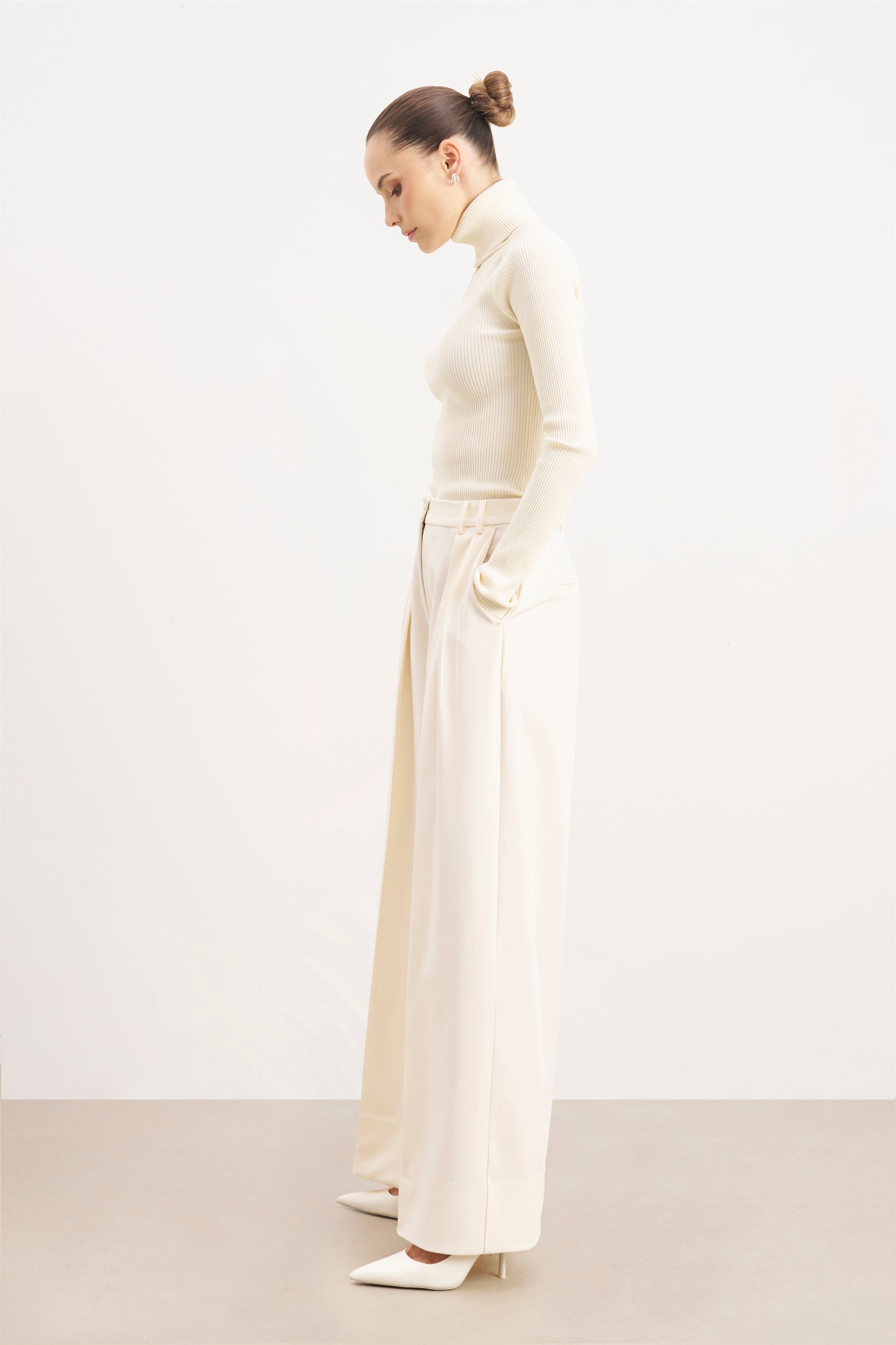 Ribbed Knit Turtleneck Jumper  - Cream