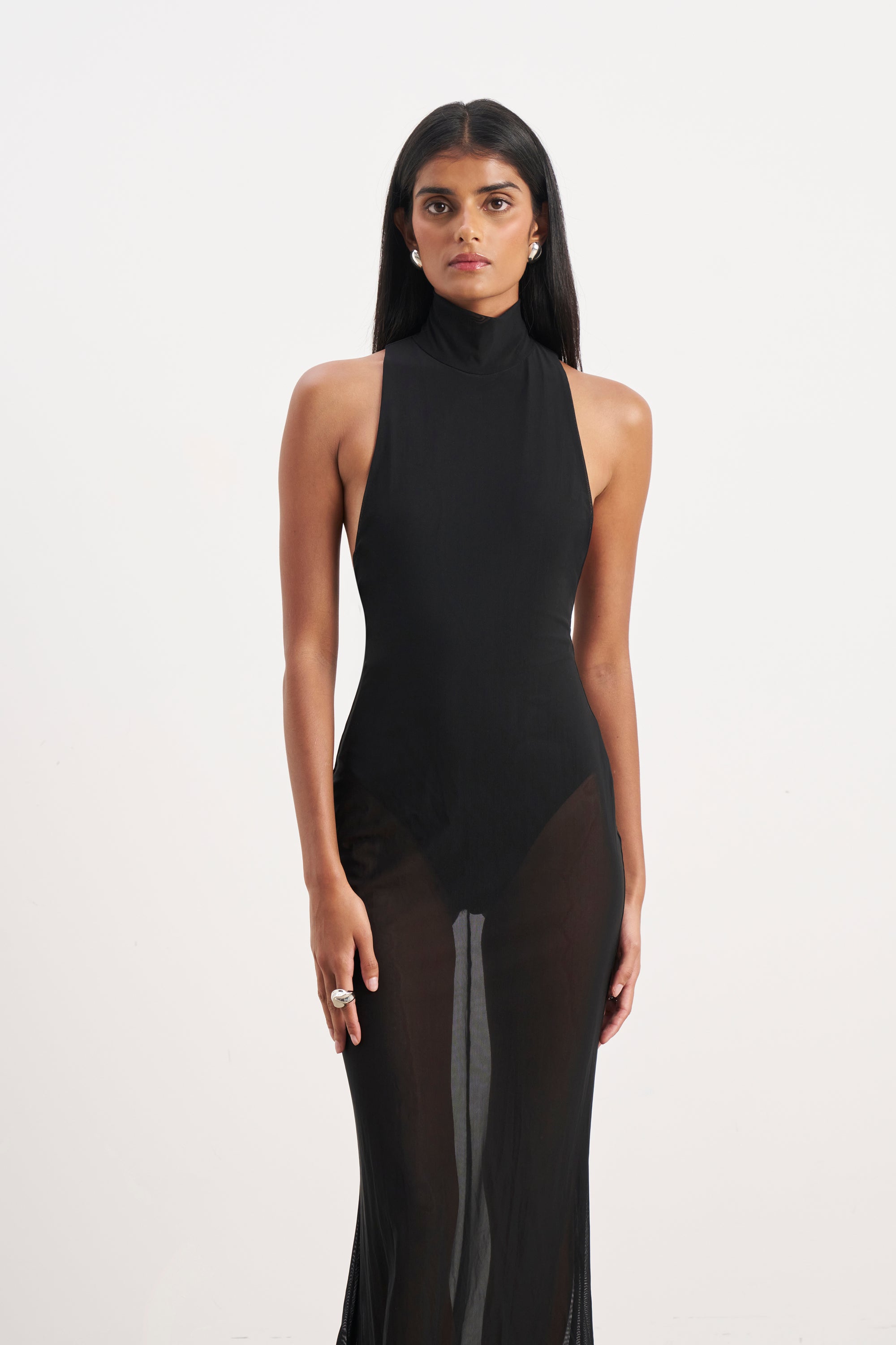 Sheer High Neck Racerback Gown - Black Sheer High Neck Racerback Gown - Black
