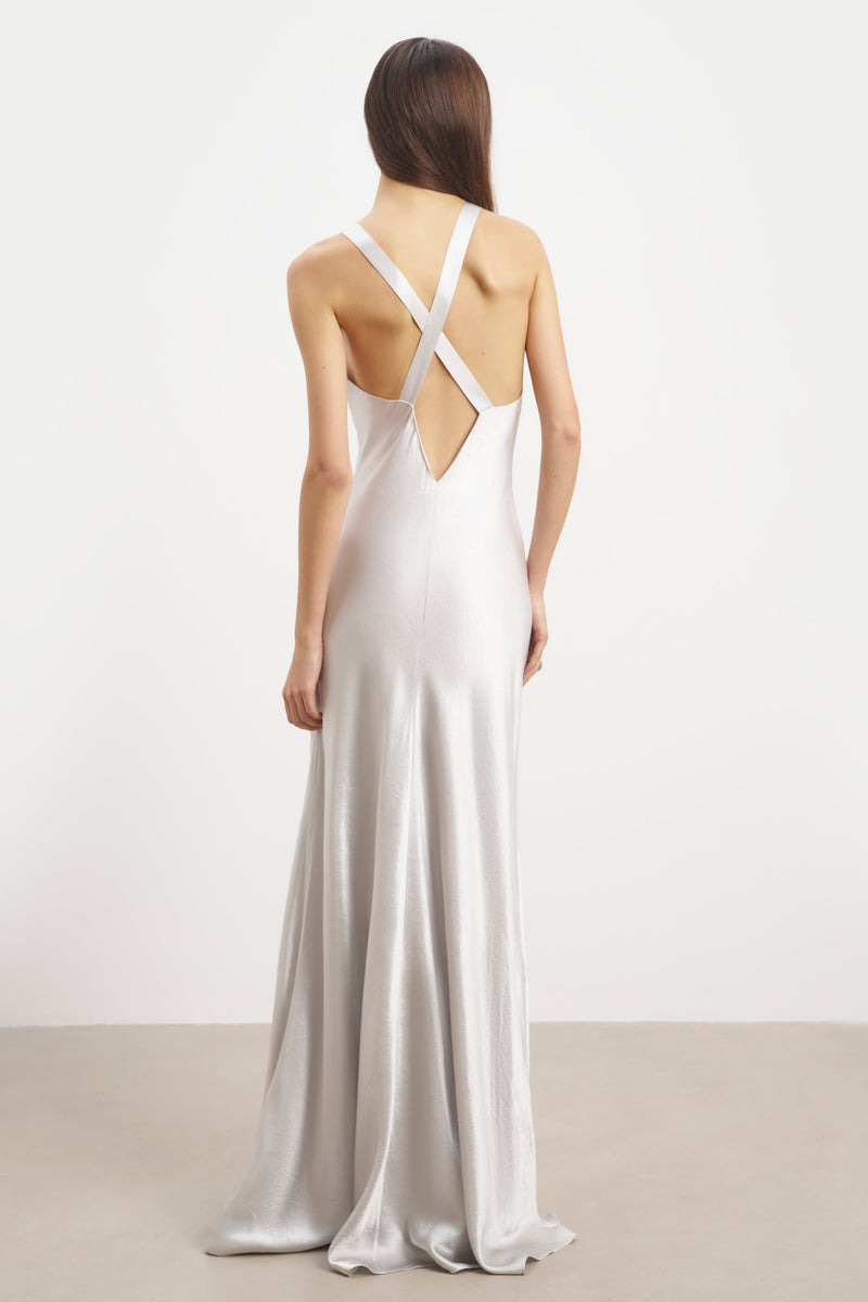 Crushed Satin Cross Back Gown - Chrome