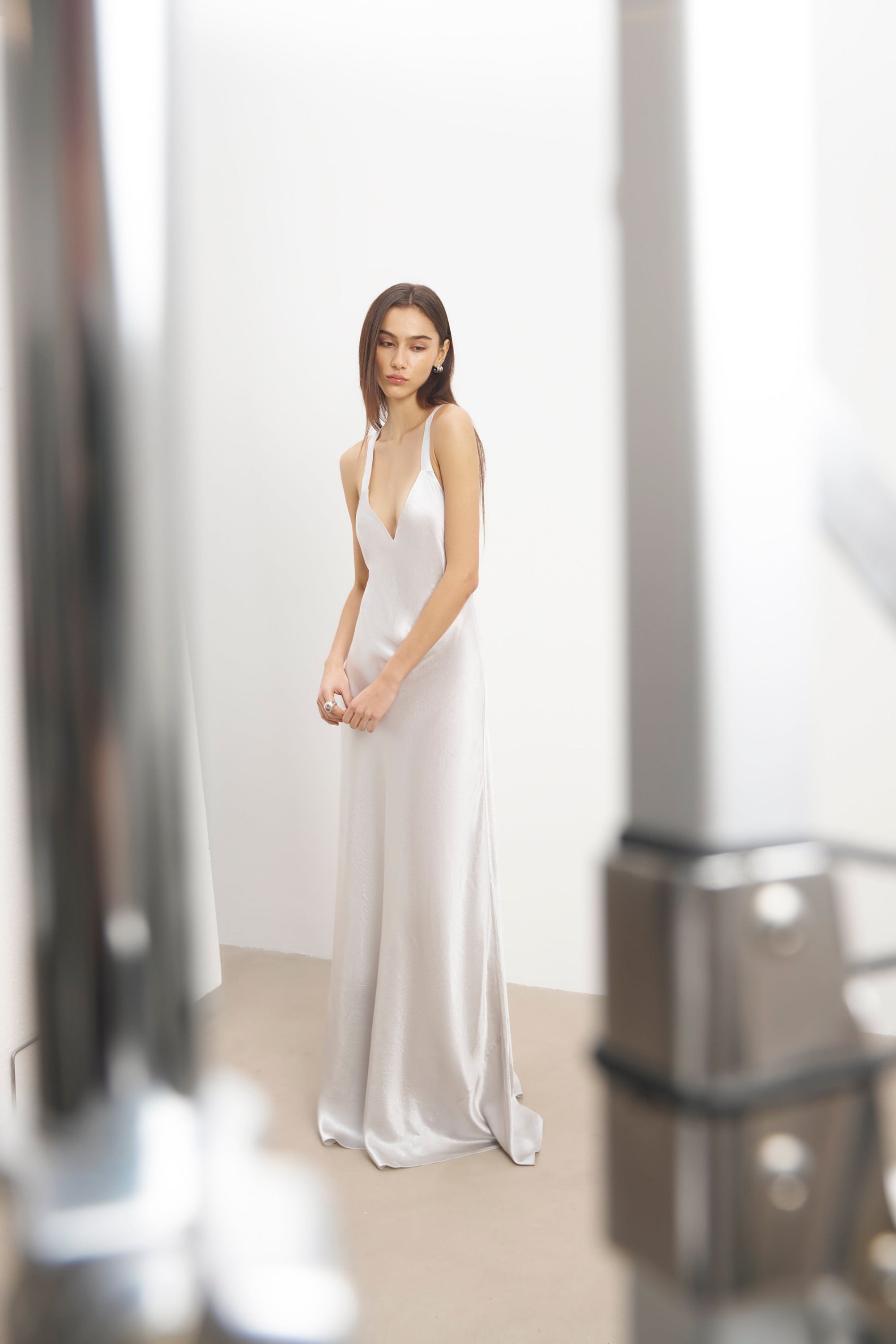 Crushed Satin Cross Back Gown - Chrome