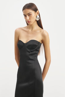 Satin Column Corset Maxi Dress - Black