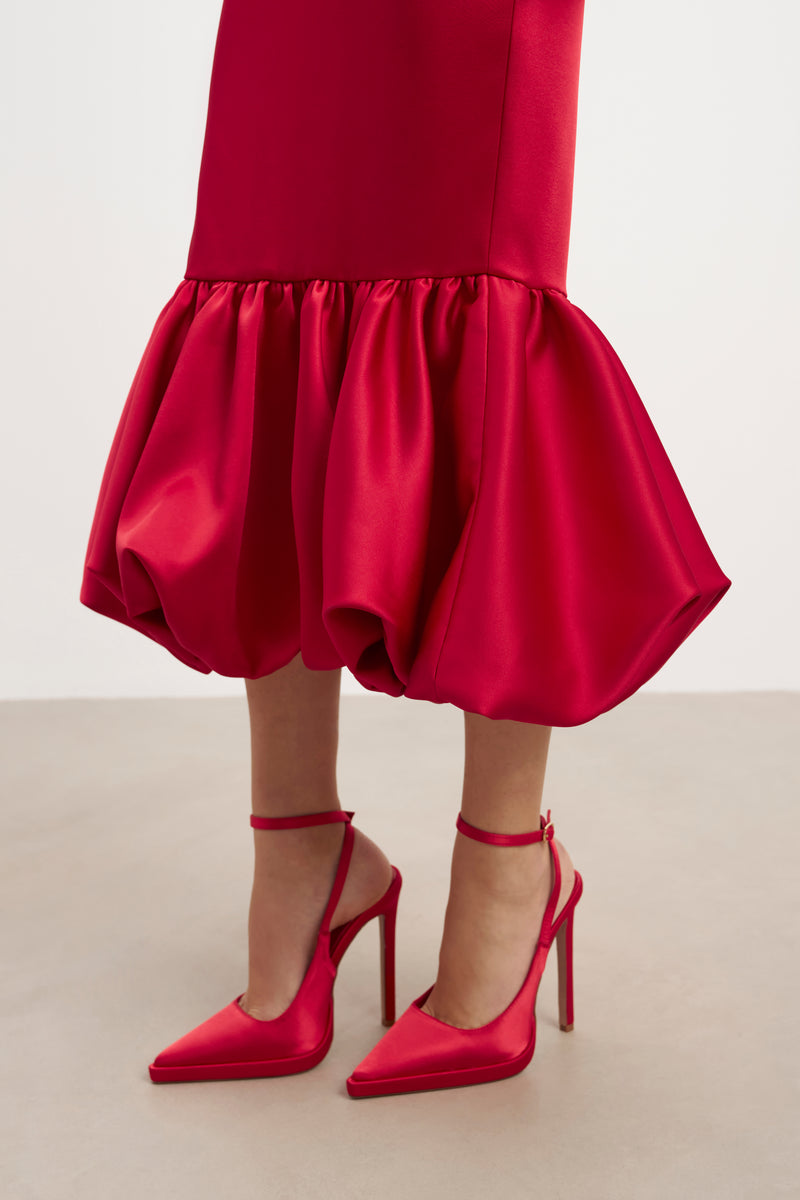 Satin Bubble Hem Midi Dress - Scarlet