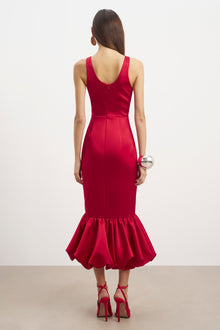 Satin Bubble Hem Midi Dress - Scarlet