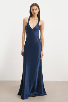 Crushed Satin Cross Back Gown - Navy