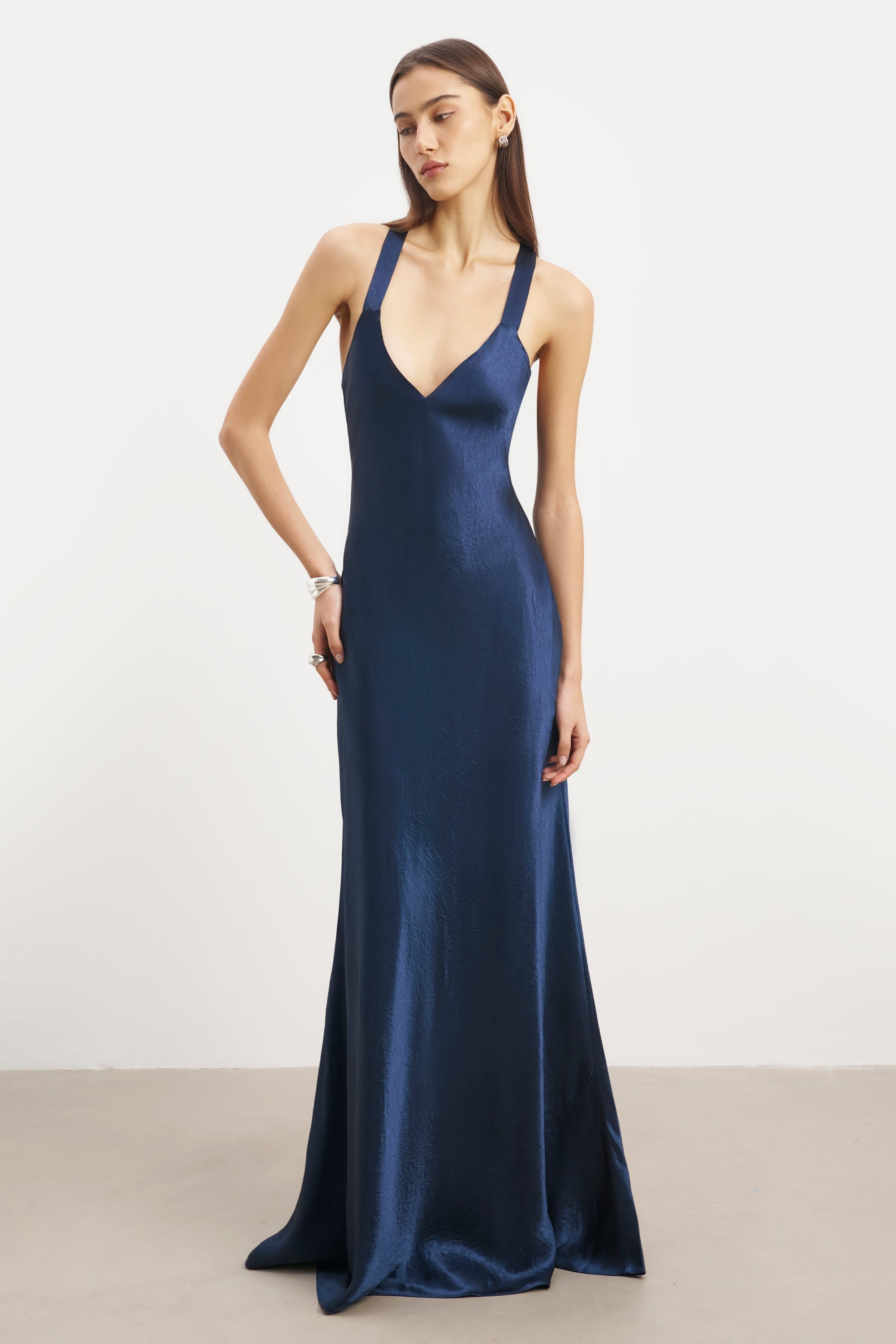 Crushed Satin Cross Back Gown - Navy
