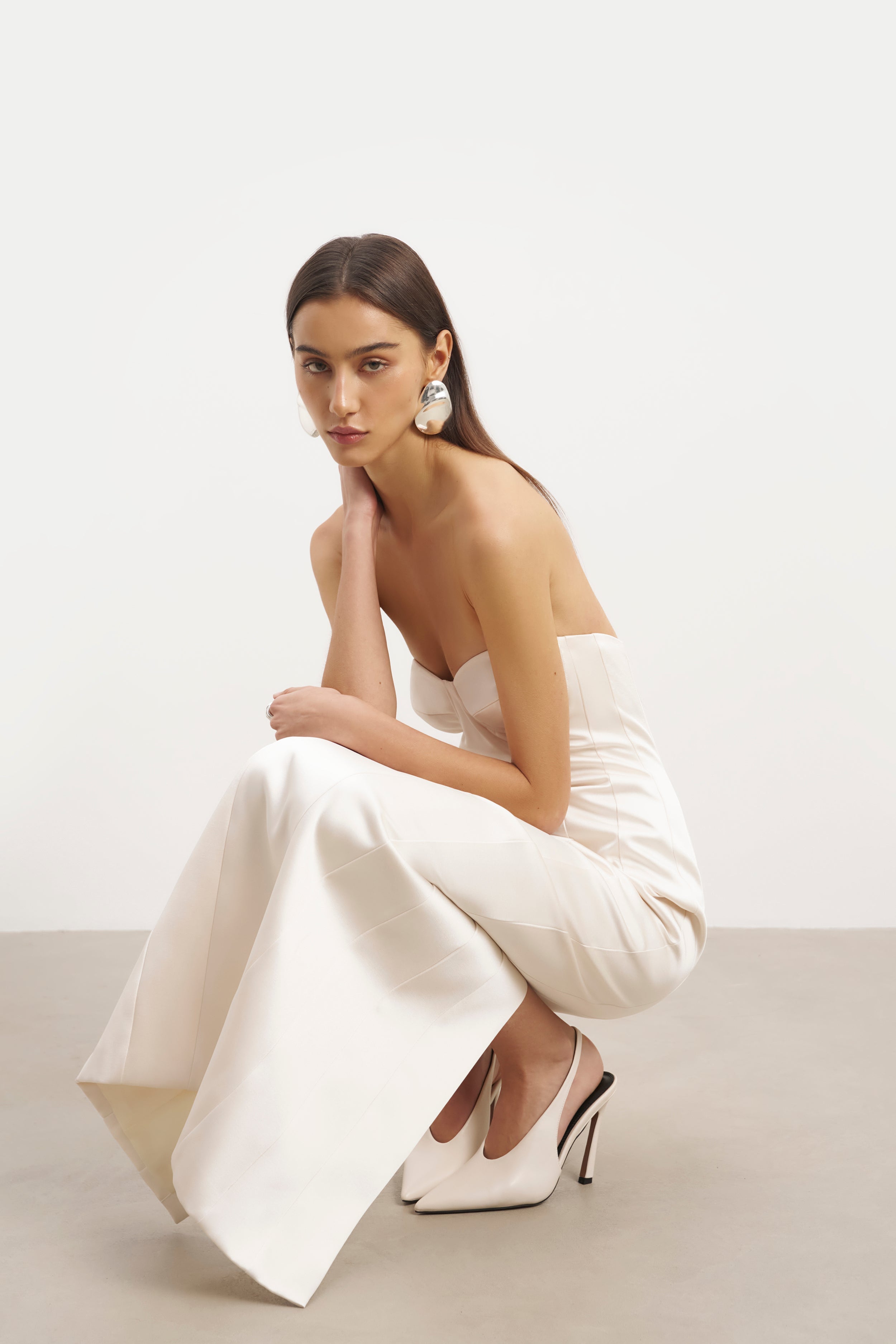 Satin Column Corset Maxi Dress - Cream