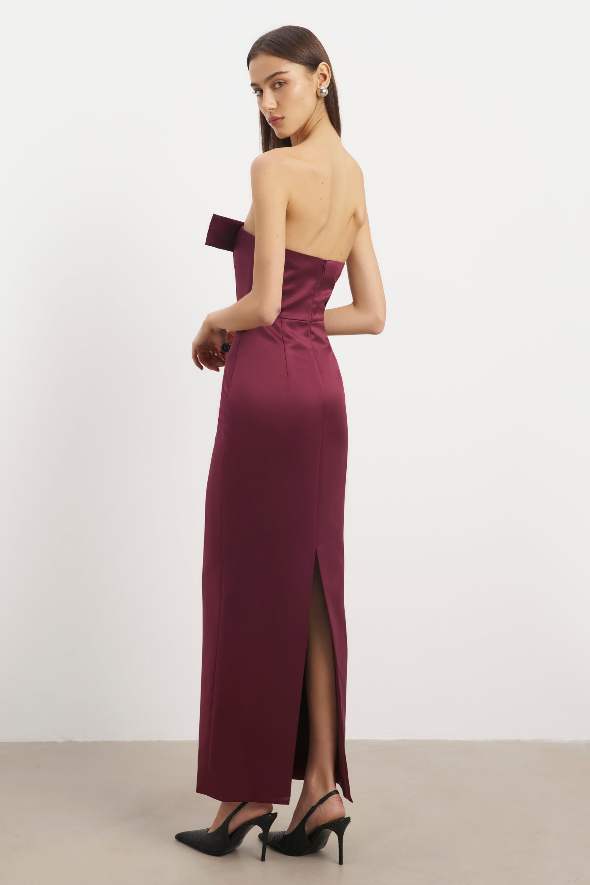 Satin Column Maxi Dress with Bow Detail - Mulberry