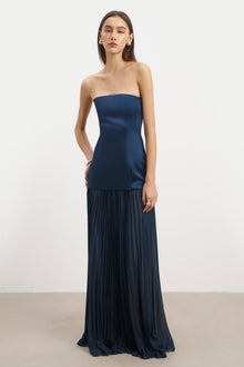 Satin Structured Bodice Gown - Navy