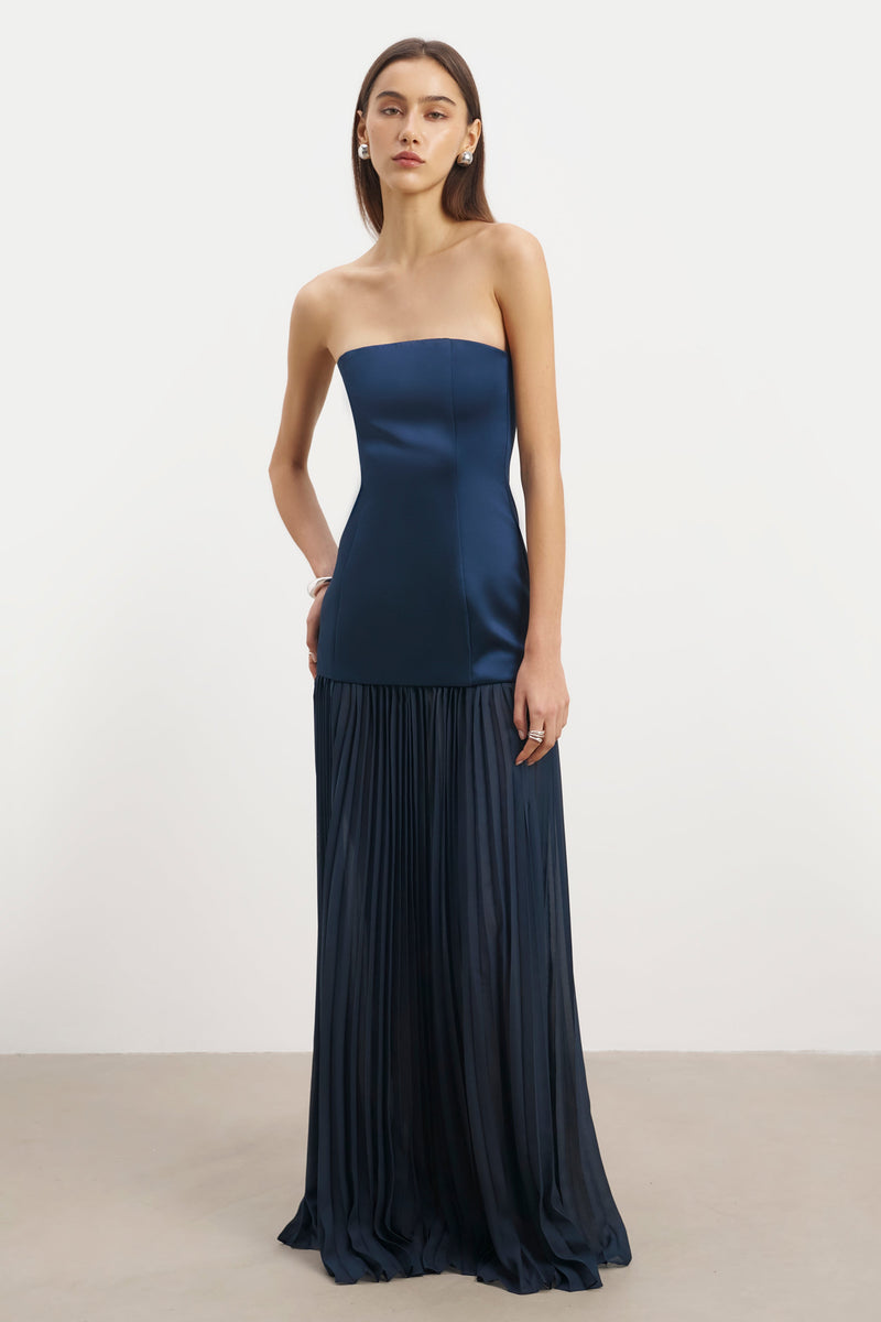 Satin Structured Bodice Gown - Navy