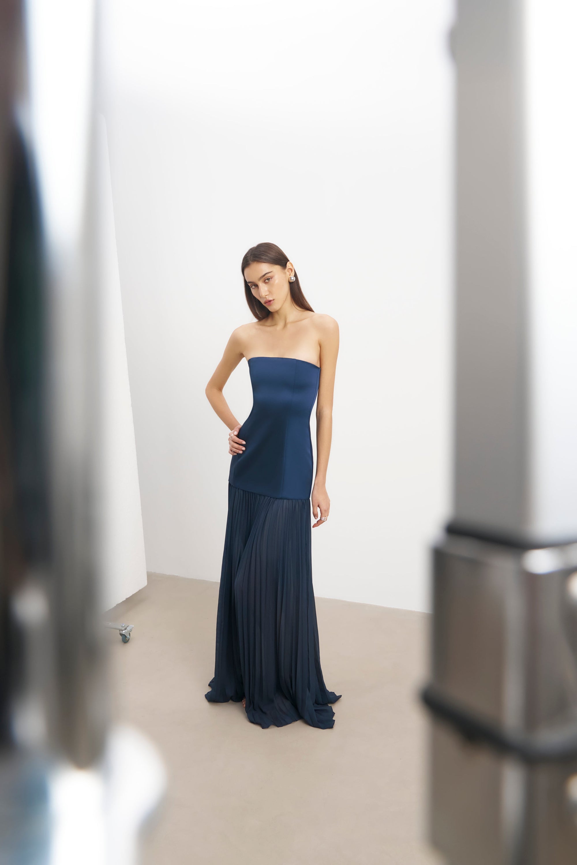 blue structured dress Structured blue crpe dress with embroidery