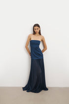 Satin Structured Bodice Gown - Navy