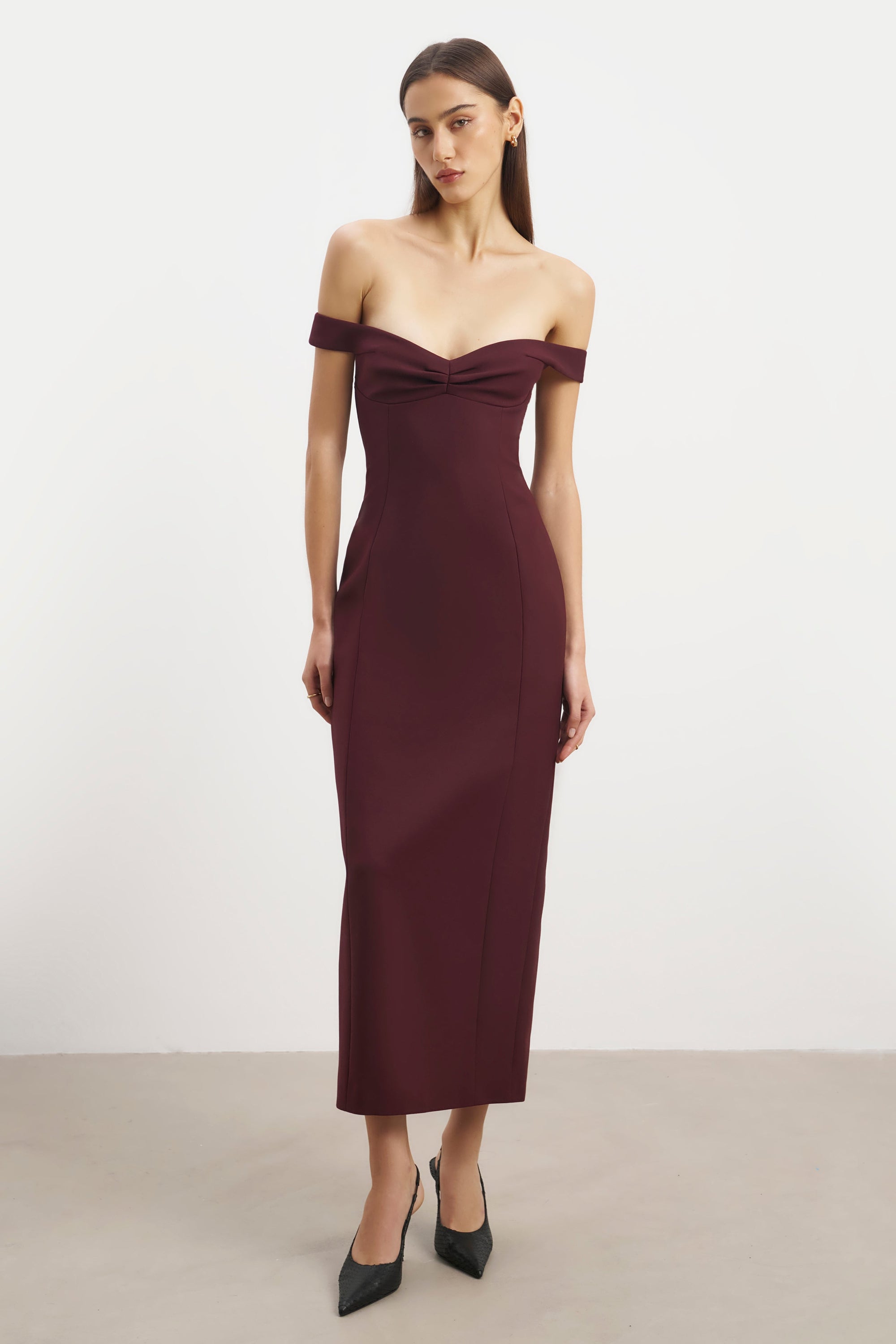 Tailored Ruched Bardot Midi Dress - Mulberry