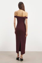 Tailored Ruched Bardot Midi Dress - Mulberry