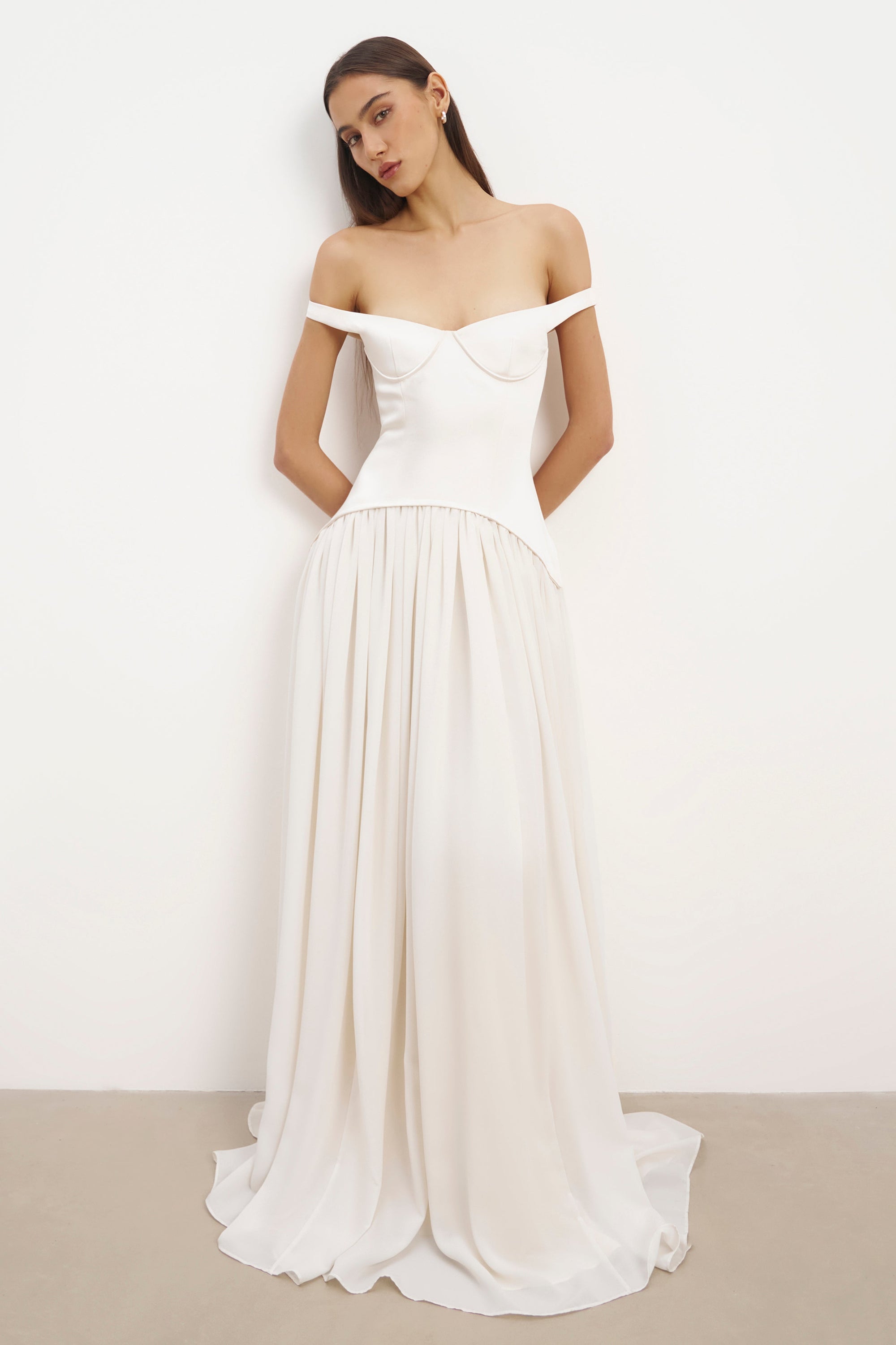 white corset dress off shoulder Satin Off-Shoulder Fitted Corset Gown By Nox Anabel E1043W White / 6