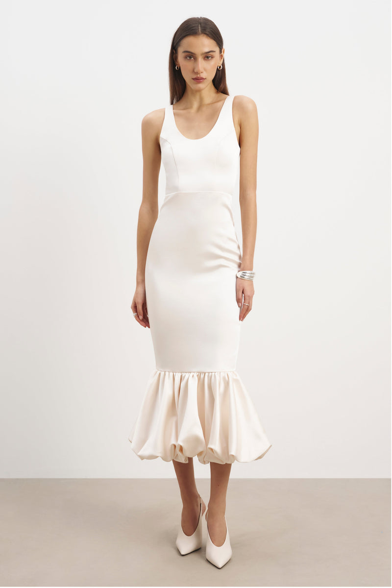 Satin Bubble Hem Midi Dress - Cream