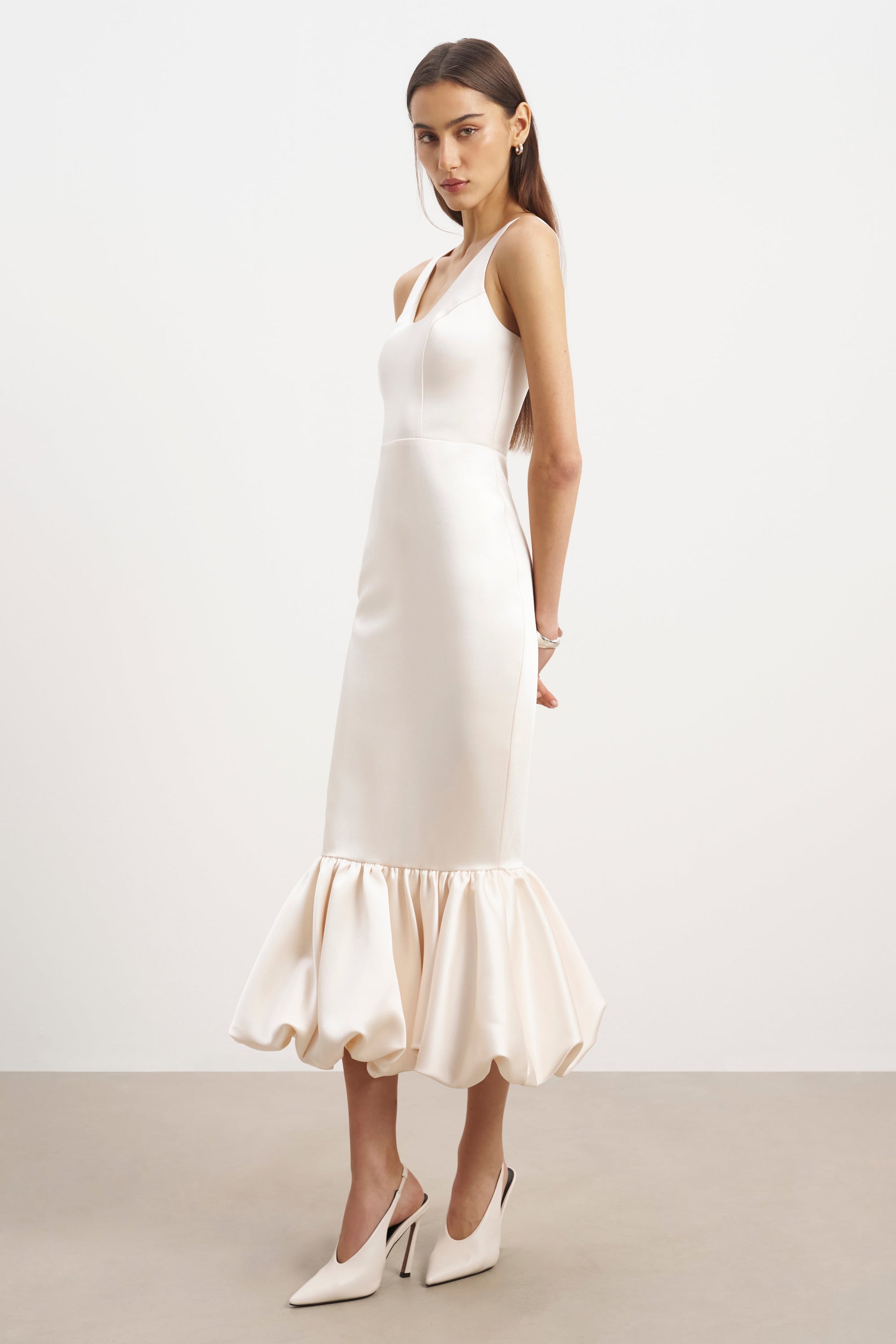 satin midi dress cream Fashionably On Time Satin Midi Dress - Ivory and Taupe