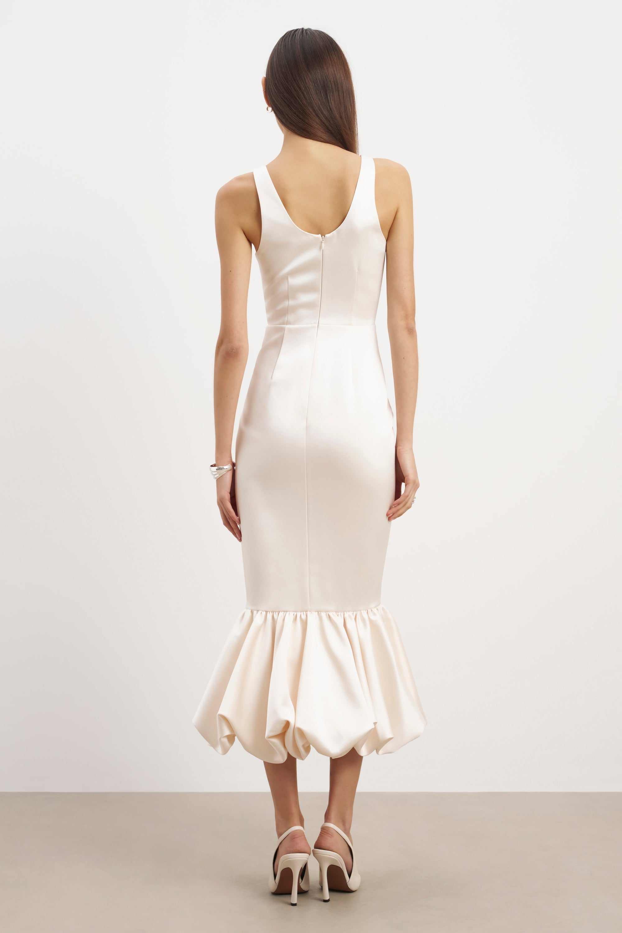 Satin Bubble Hem Midi Dress - Cream