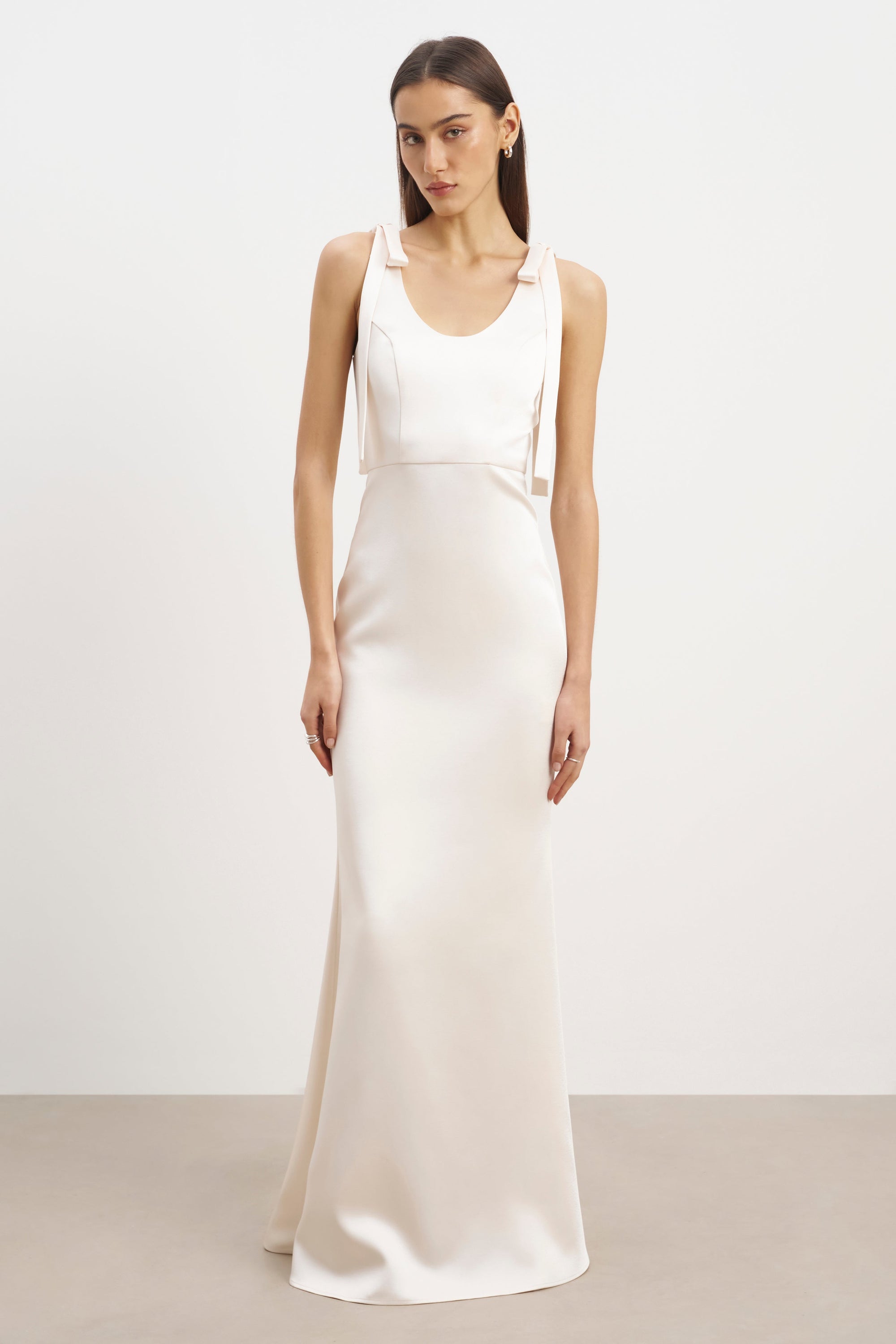 Satin Scoop Neck Gown with Bow Detail - Cream