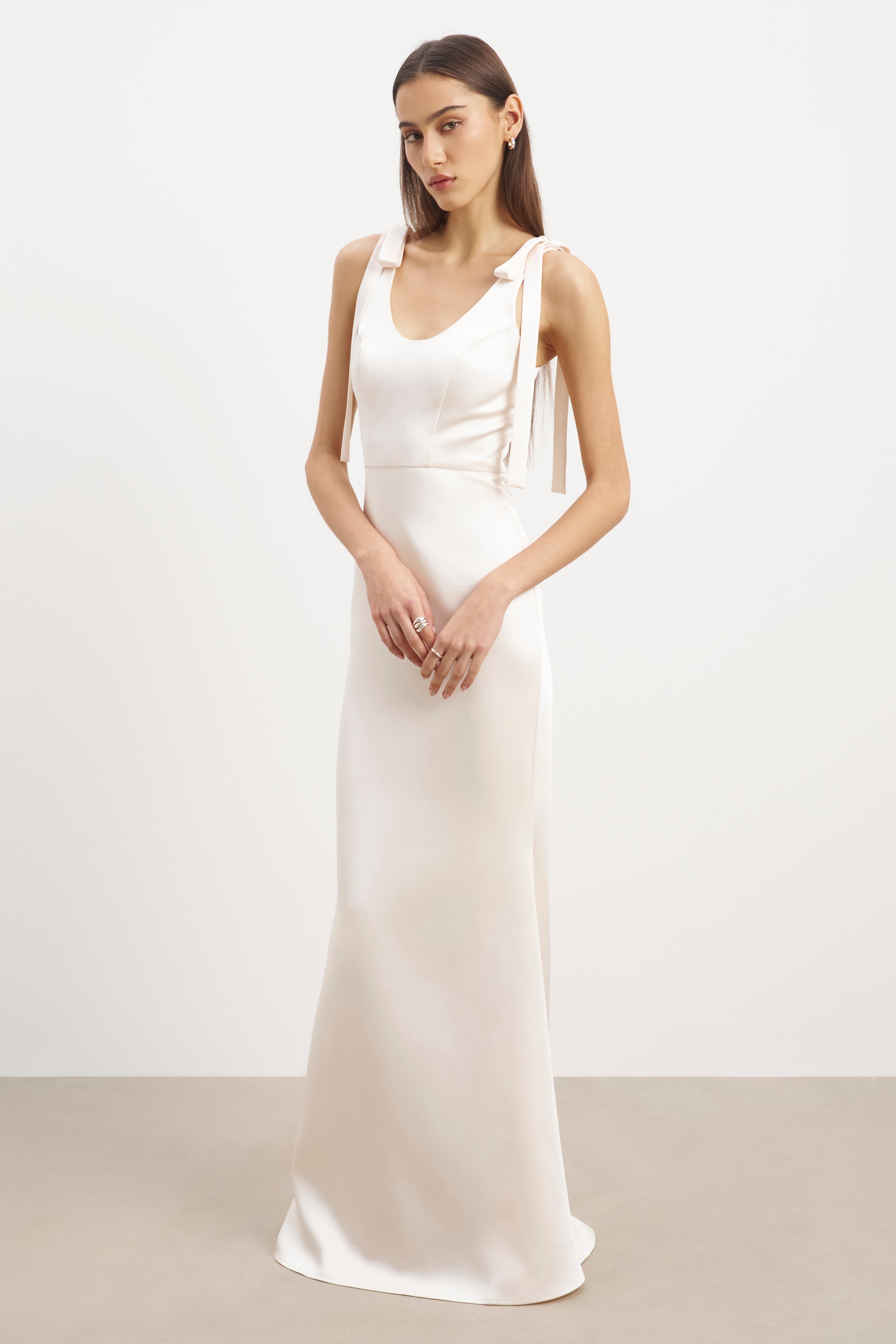Satin Scoop Neck Gown with Bow Detail - Cream