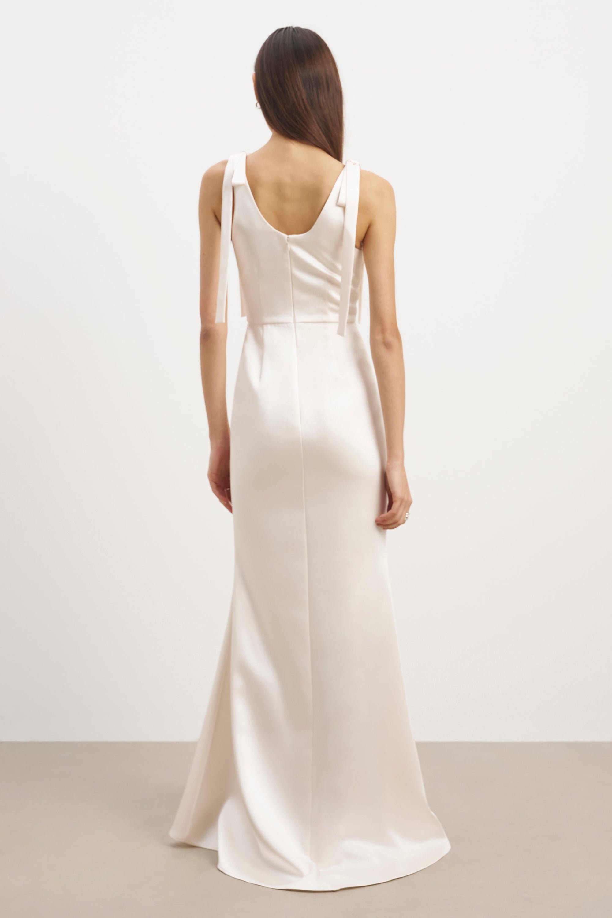 Satin Scoop Neck Gown with Bow Detail - Cream