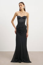 Satin Corset Gown with Draped Hip - Black