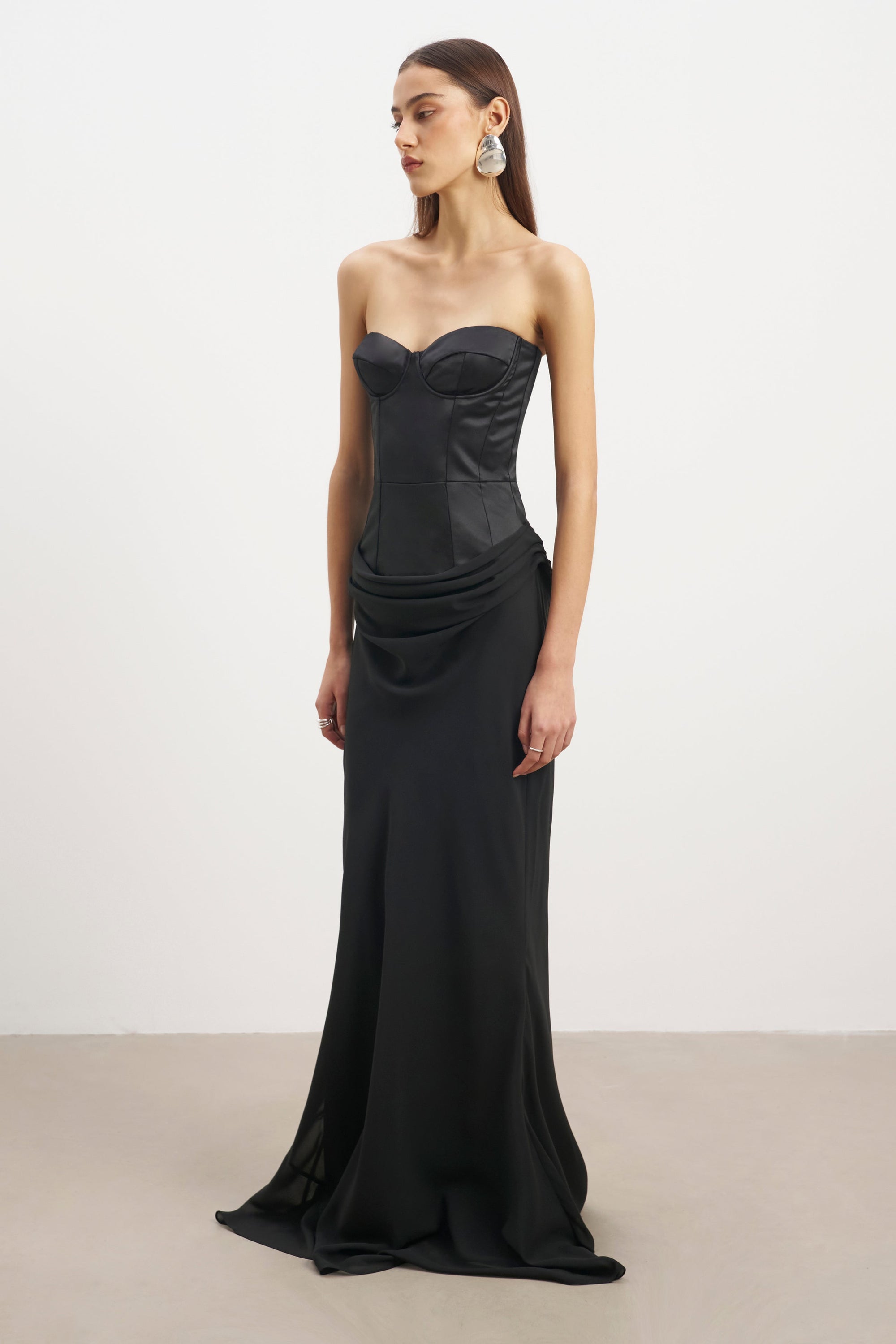 Satin Corset Gown with Draped Hip - Black | BOA US Satin Corset Gown with Draped Hip - Black | BOA US