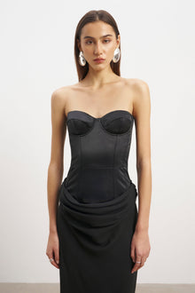 Satin Corset Gown with Draped Hip - Black