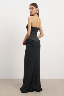 Satin Corset Gown with Draped Hip - Black