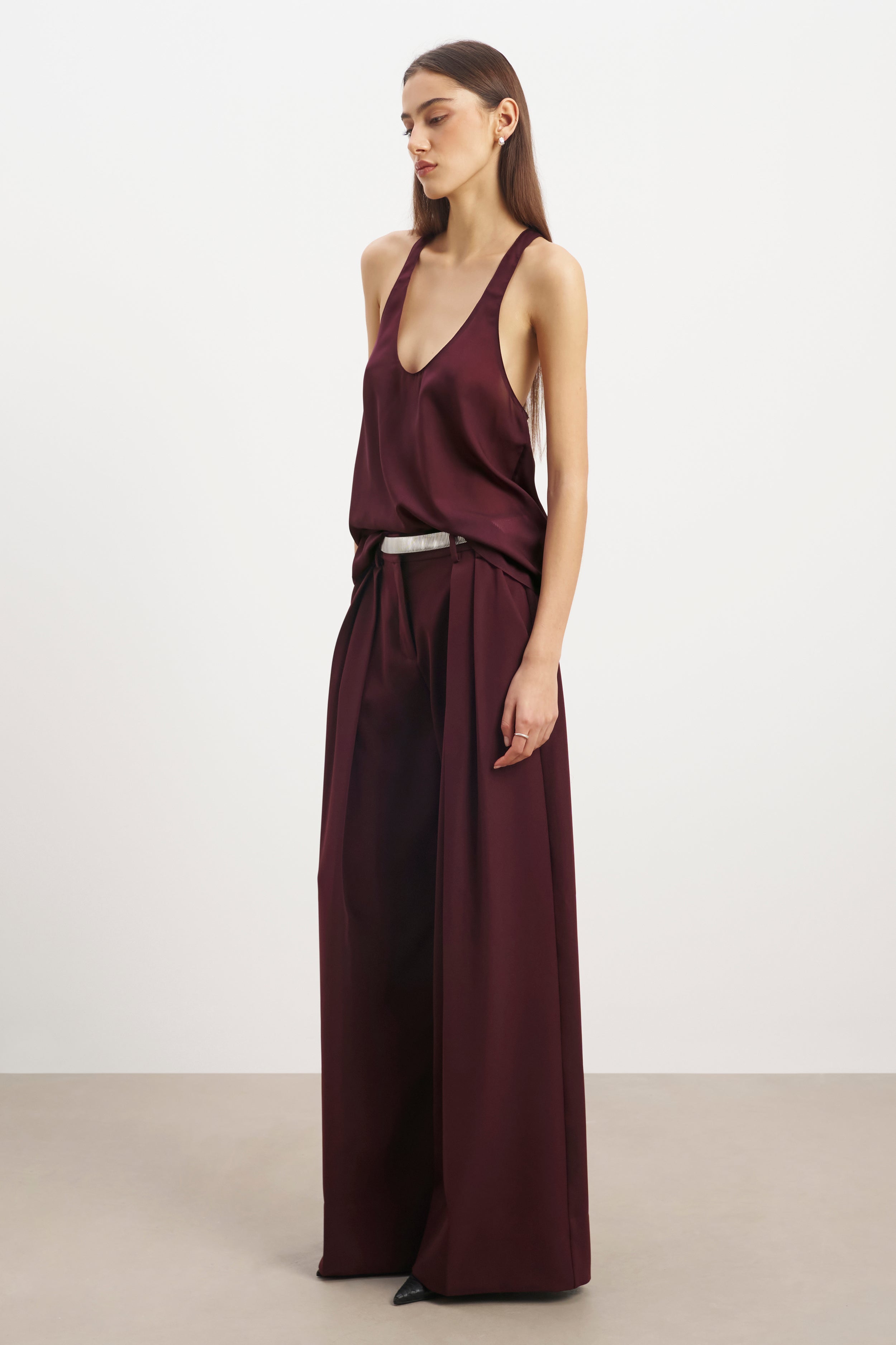 Sheer Plunge U Neck Tank Top - Mulberry