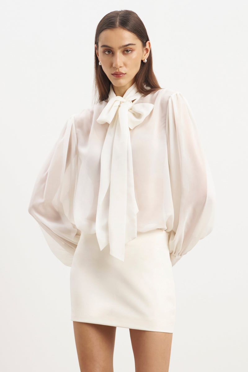 Sheer Chiffon Tie Neck Blouse - Cream
