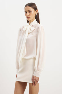 Sheer Chiffon Tie Neck Blouse - Cream