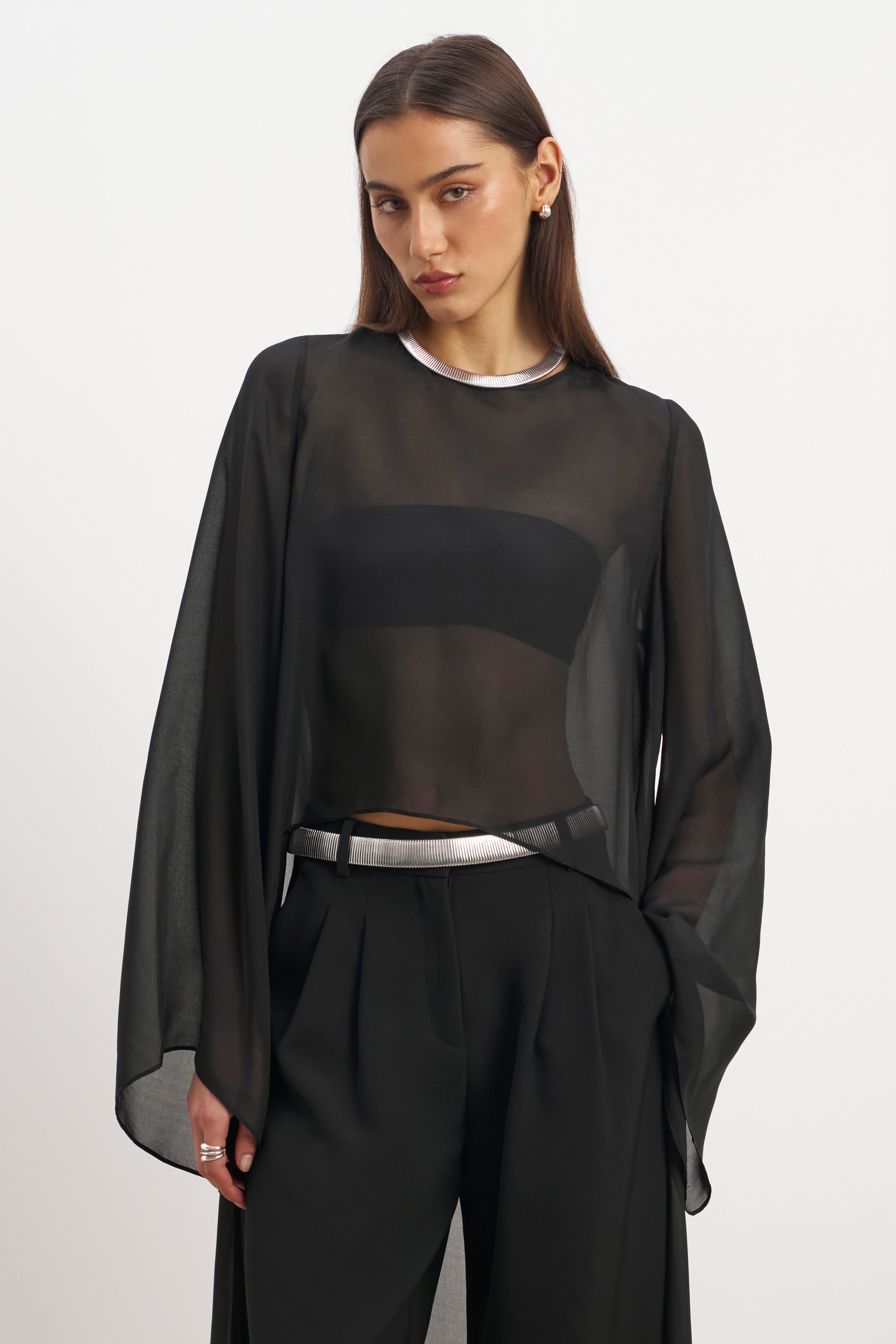 Sheer Chiffon Cape Blouse - Black